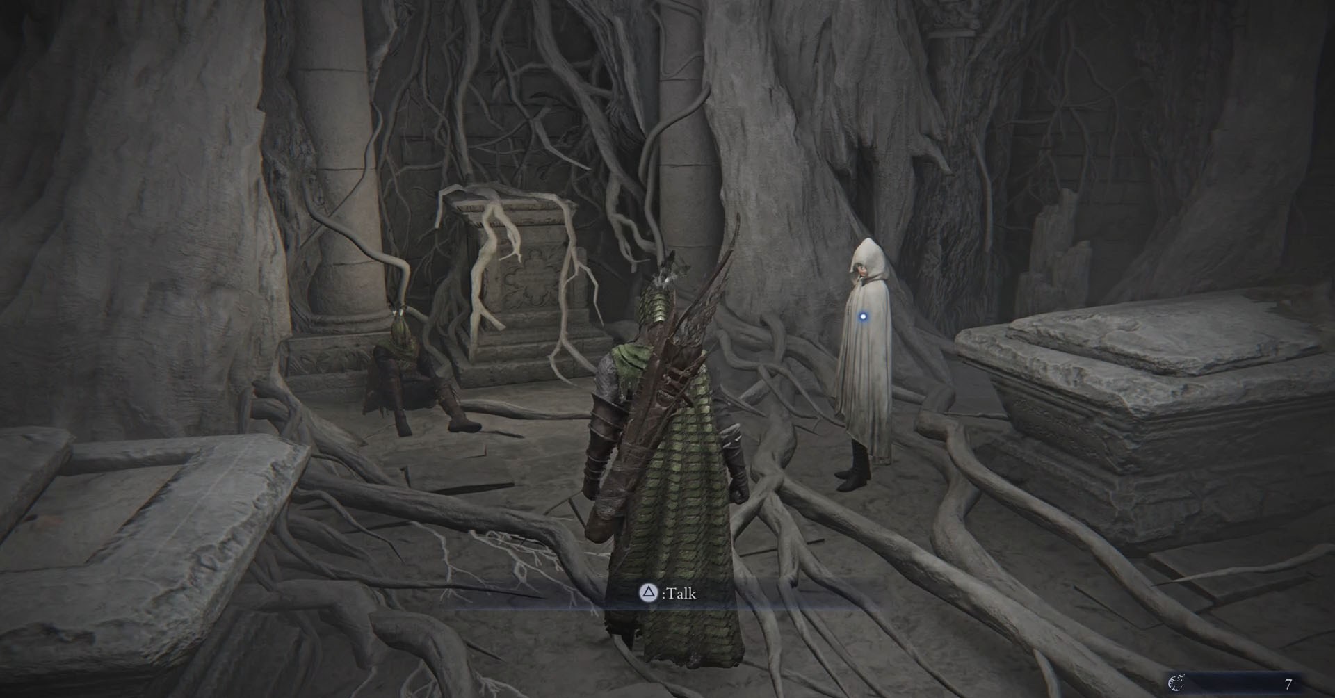 Uma captura de tela de Elden Ring Nightreign mostrando Ironeye ao lado da sacerdotisa e do traidor dentro de uma cripta branca. Uma captura de tela de Elden Ring Nightreign mostrando Ironeye ao lado da sacerdotisa e do traidor dentro de uma cripta branca.