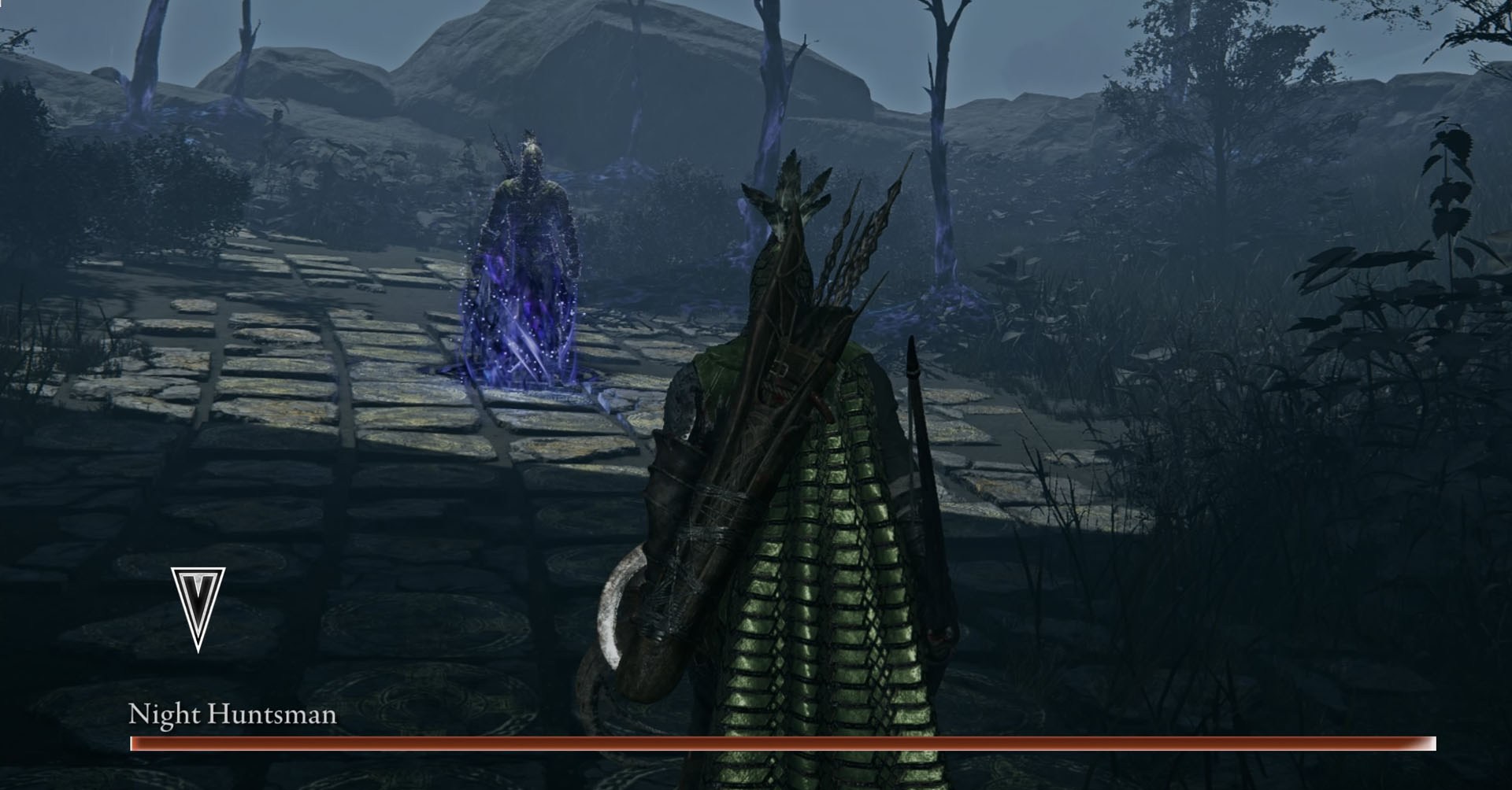 Uma captura de tela de Elden Ring Nightreign mostrando o chefe da Huntsman Night, o inimigo que você precisa derrotar para completar a busca de lembrança de Ironeye. Uma captura de tela de Elden Ring Nightreign mostrando o chefe da Huntsman Night, o inimigo que você precisa derrotar para completar a busca de lembrança de Ironeye.