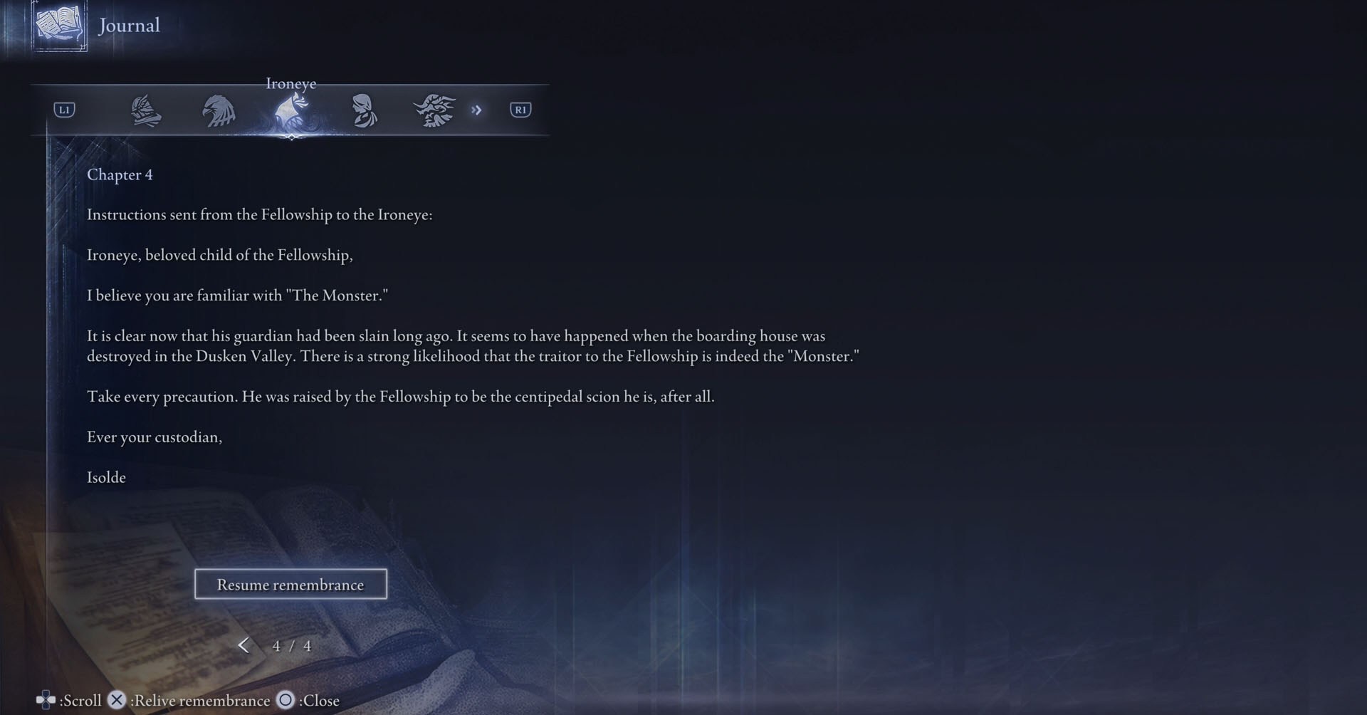 E Elden Ring Nightfrn ScreenShot mostrando o capítulo 4 no diário de Irotheye. E Elden Ring Nightfrn ScreenShot mostrando o capítulo 4 no diário de Irotheye.