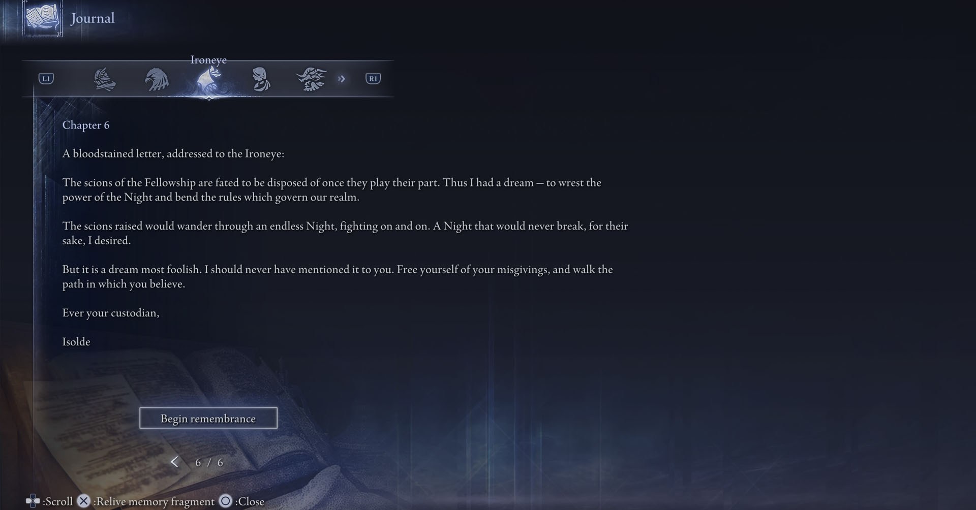 Uma captura de tela de Elden Ring Nightreign mostrando o capítulo 6 no jounal de Ironeye. Uma captura de tela de Elden Ring Nightreign mostrando o capítulo 6 no jounal de Ironeye.