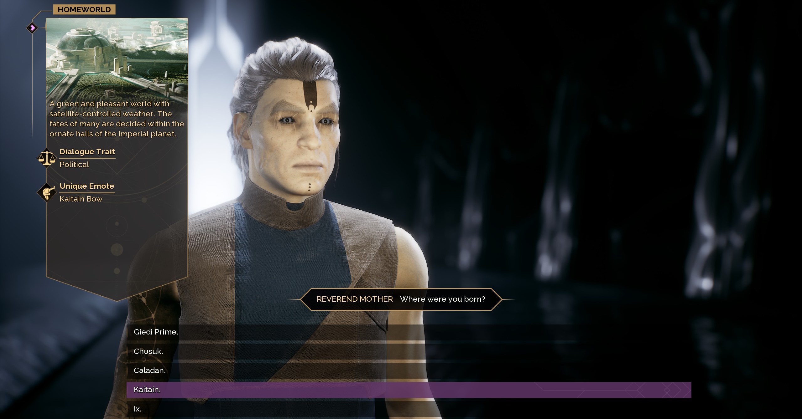 Um personagem em Dune Awakening selecionando Katain como sua escolha no mundo natal Um personagem em Dune Awakening selecionando Katain como sua escolha no mundo natal