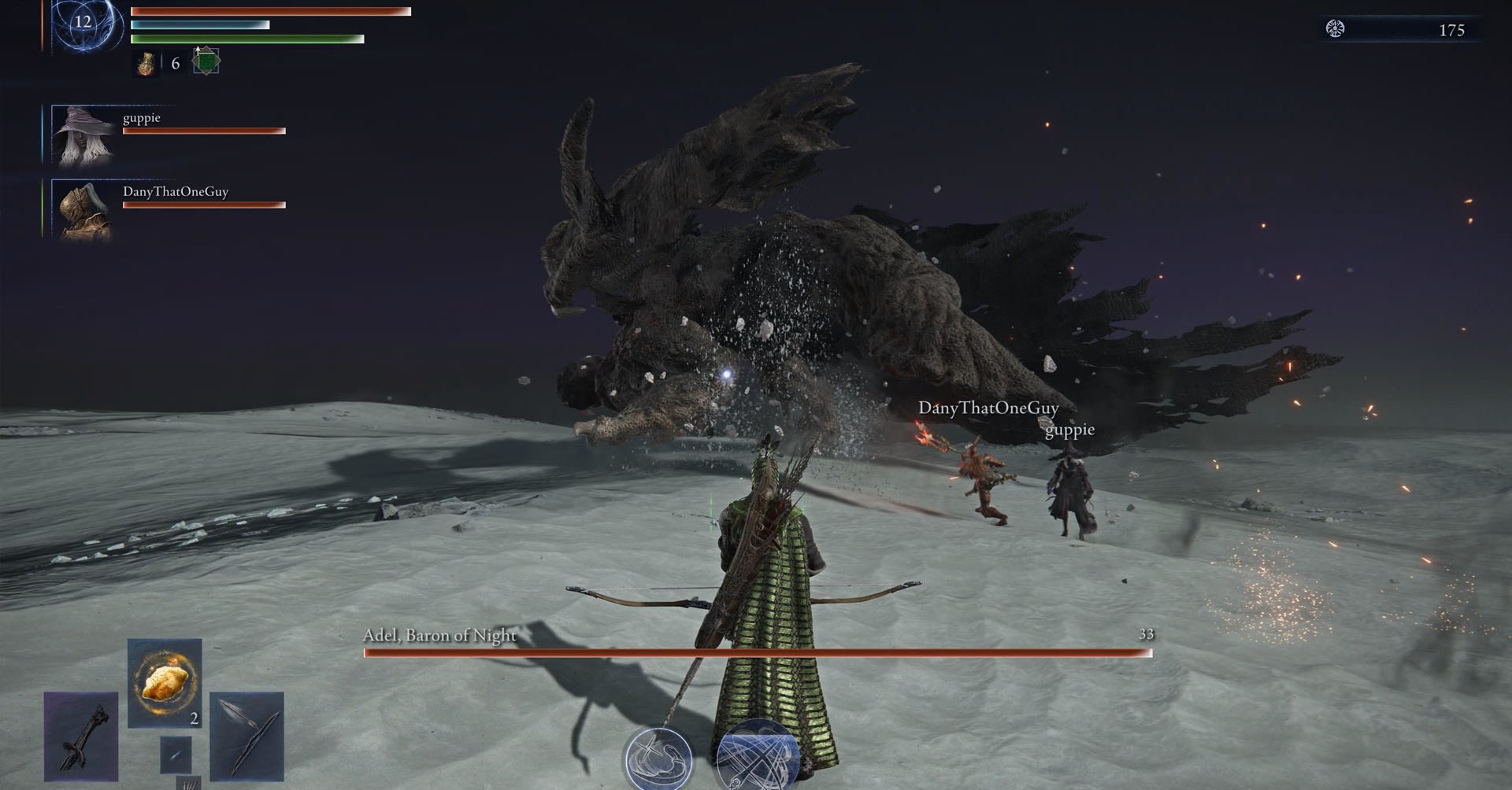 Uma captura de tela de Elden Ring Nightreign mostrando Adel, Barão da noite. Eles parecem uma mistura de um frango sem penas e um hipopótamo. Uma captura de tela de Elden Ring Nightreign mostrando Adel, Barão da noite. Eles parecem uma mistura de um frango sem penas e um hipopótamo.