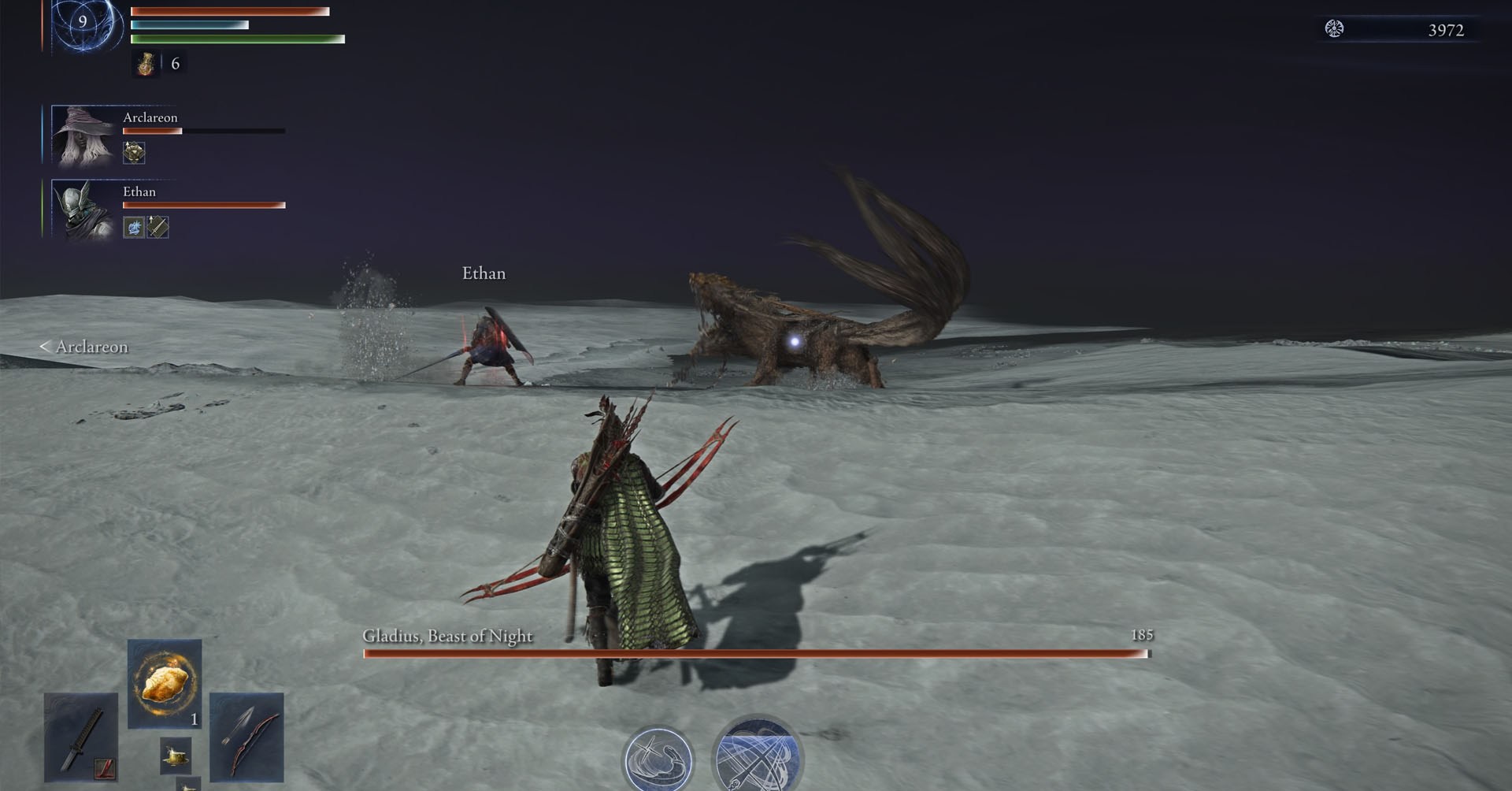 Uma captura de tela de Elden Ring Nightreign mostrando o grupo de jogadores lutando contra Gladius, Besta da noite, o primeiro senhor da noite disponível no jogo. Uma captura de tela de Elden Ring Nightreign mostrando o grupo de jogadores lutando contra Gladius, Besta da noite, o primeiro senhor da noite disponível no jogo.