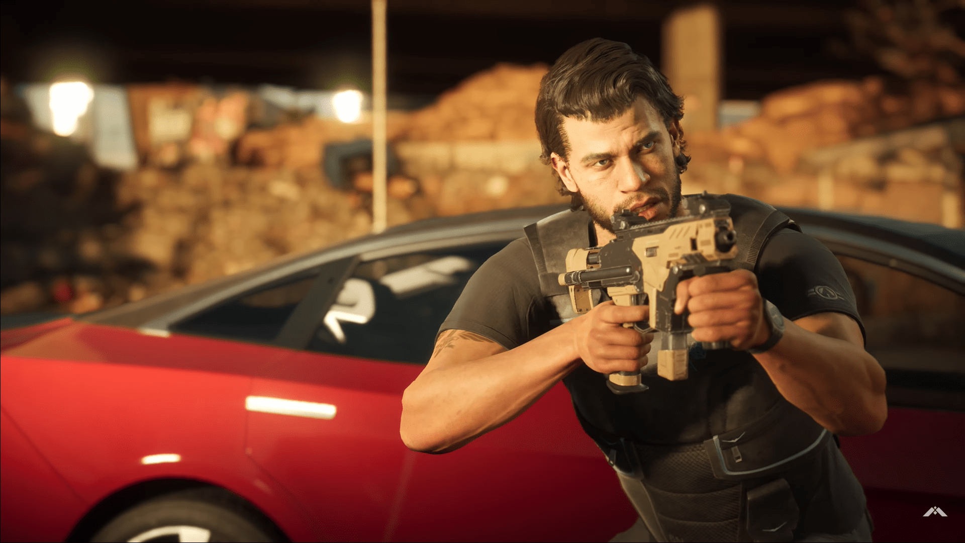 Um protagonista em Mindseye aponta uma arma