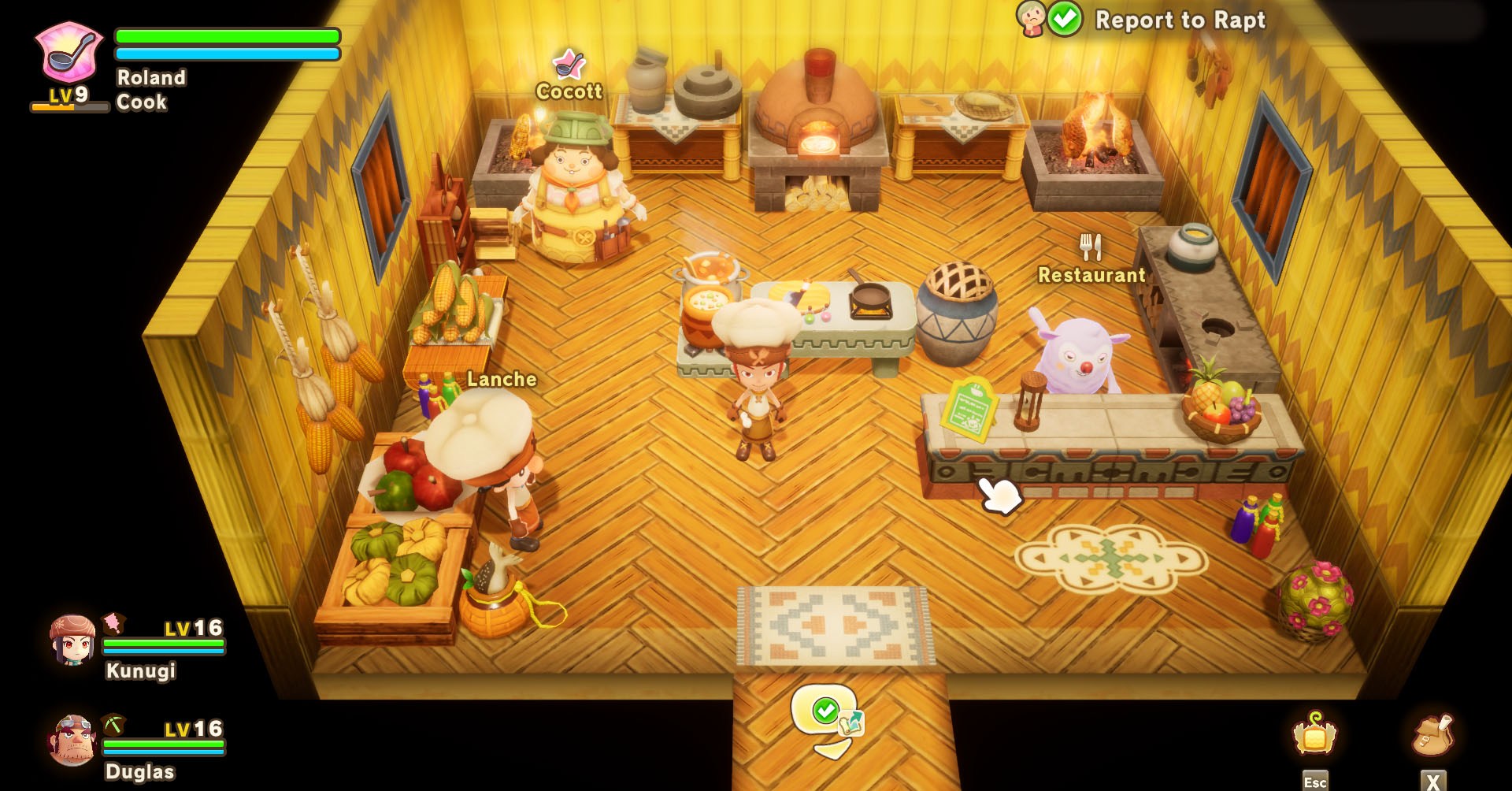 Uma vida de fantasia I: A garota que rouba a captura de tela do tempo mostrando a guilda do cozinheiro no jogo, onde você encontra o Cocott, o líder da guilda e outros dois NPCs.