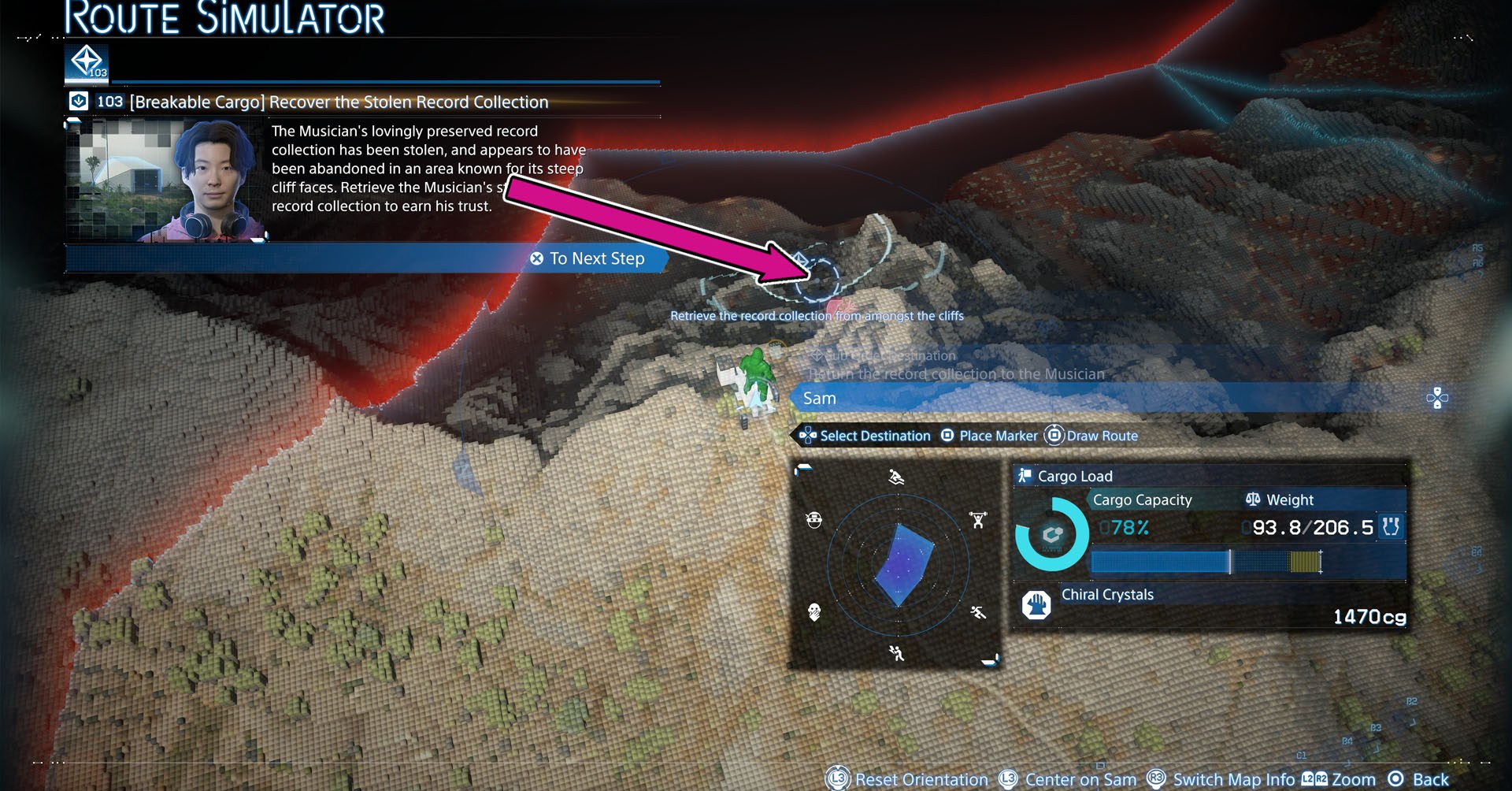 Uma captura de tela de 2 Stranding de Death mostrando no mapa a rota para encontrar a coleção de discos roubados. Uma captura de tela de 2 Stranding de Death mostrando no mapa a rota para encontrar a coleção de discos roubados.
