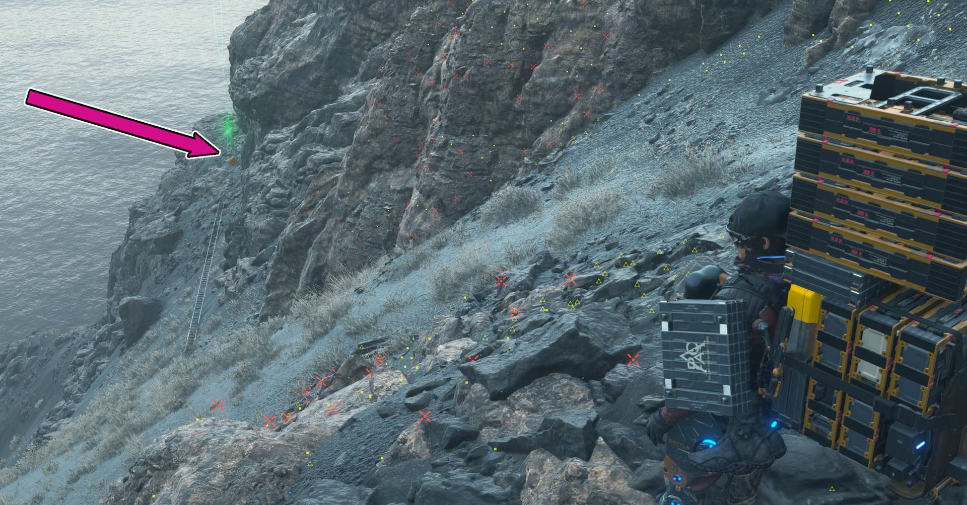 Uma captura de tela de 2 screenship mostrando um penhasco e uma escada trabalhando como uma ponte para alcançar uma porção distante do penhasco. Uma captura de tela de 2 screenship mostrando um penhasco e uma escada trabalhando como uma ponte para alcançar uma porção distante do penhasco.