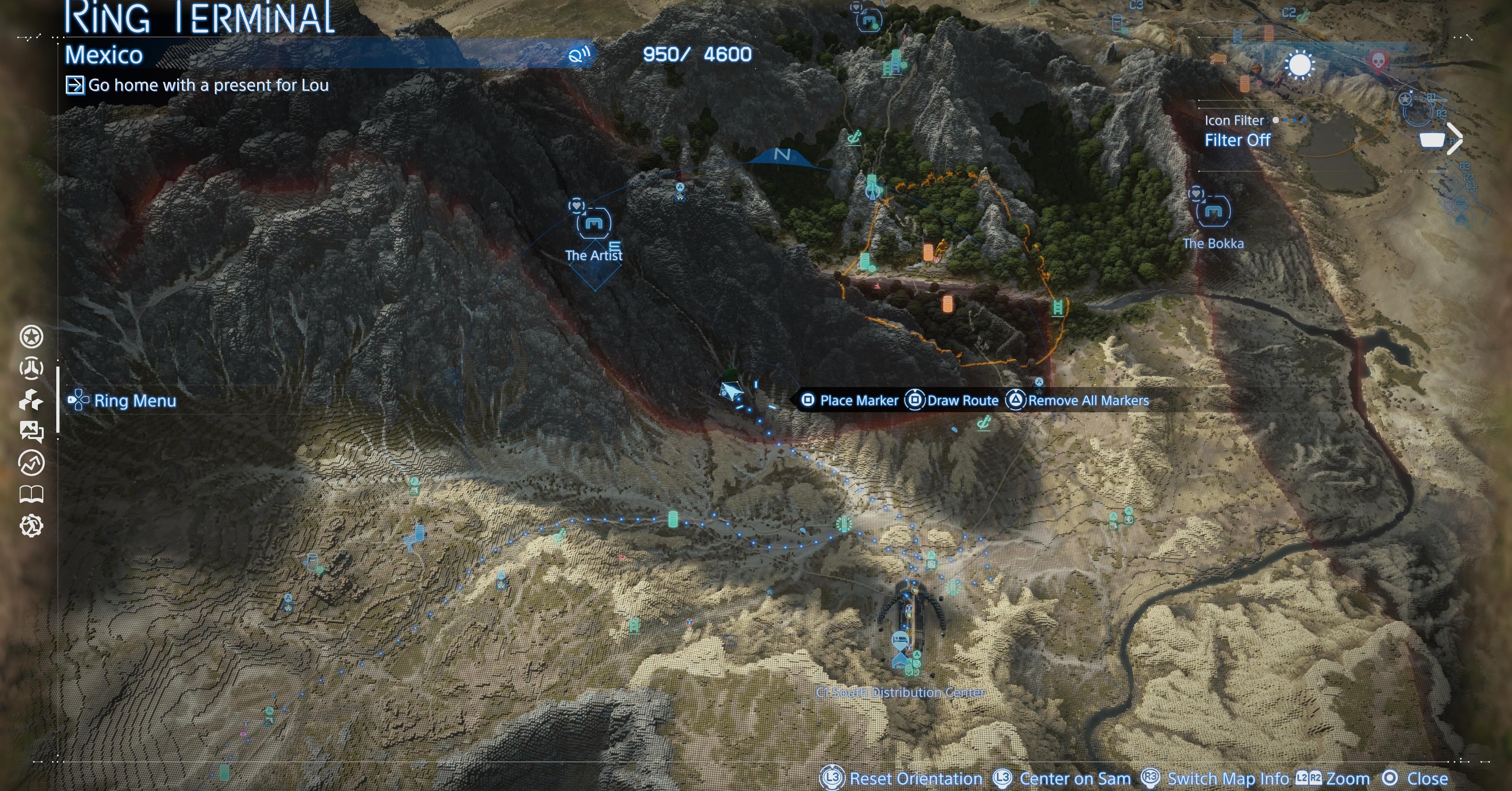 Uma imagem de mapa mostrando onde encontrar o artista e sua carga em Death Stranding 2 Uma imagem de mapa mostrando onde encontrar o artista e sua carga em Death Stranding 2