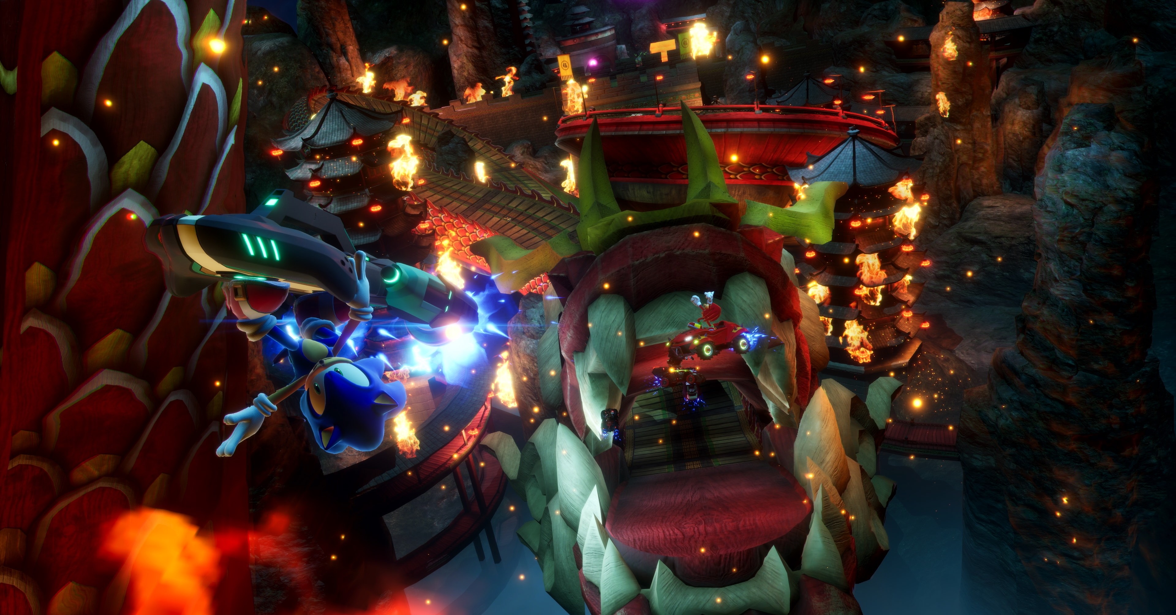 Sonic batendo uma rampa com um hoverboard em Sonic Racing Crossworlds Sonic batendo uma rampa com um hoverboard em Sonic Racing Crossworlds