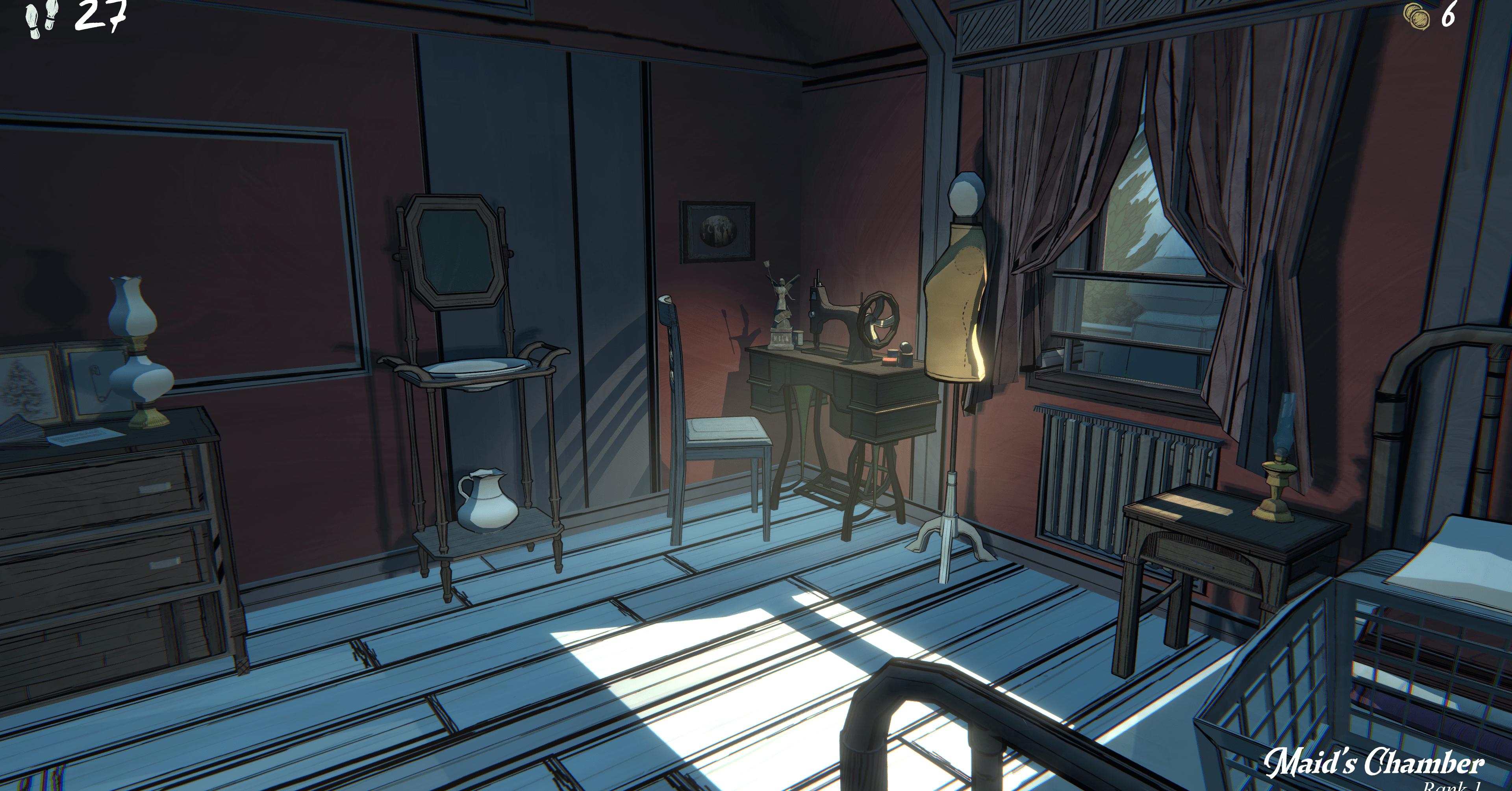 Uma captura de tela do Blue Prince mostrando um quarto com sol escorrendo através de uma janela pelo alicerado e máquina de costura de um alfaiate Uma captura de tela do Blue Prince mostrando um quarto com sol escorrendo através de uma janela pelo alicerado e máquina de costura de um alfaiate