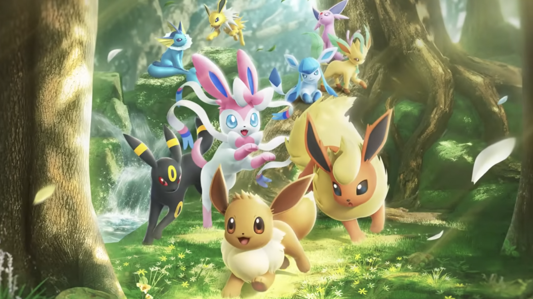 Eevee e suas evoluções dançam em uma floresta em arte -chave para o tempo de lançamento do Eevee Grove Booster Pack no Pokemon TCG Pocket