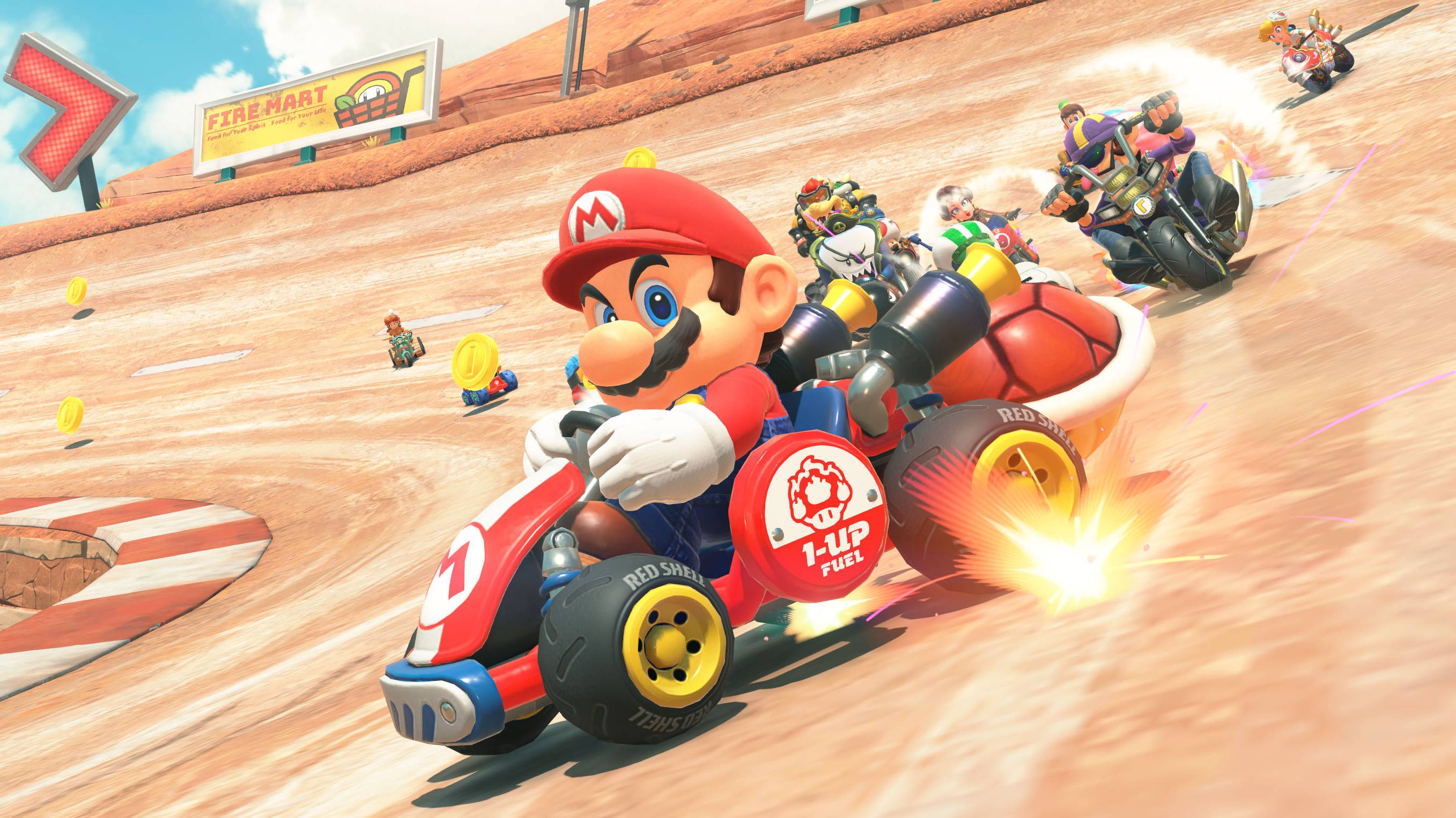Um close de Mario em Mario Kart World
