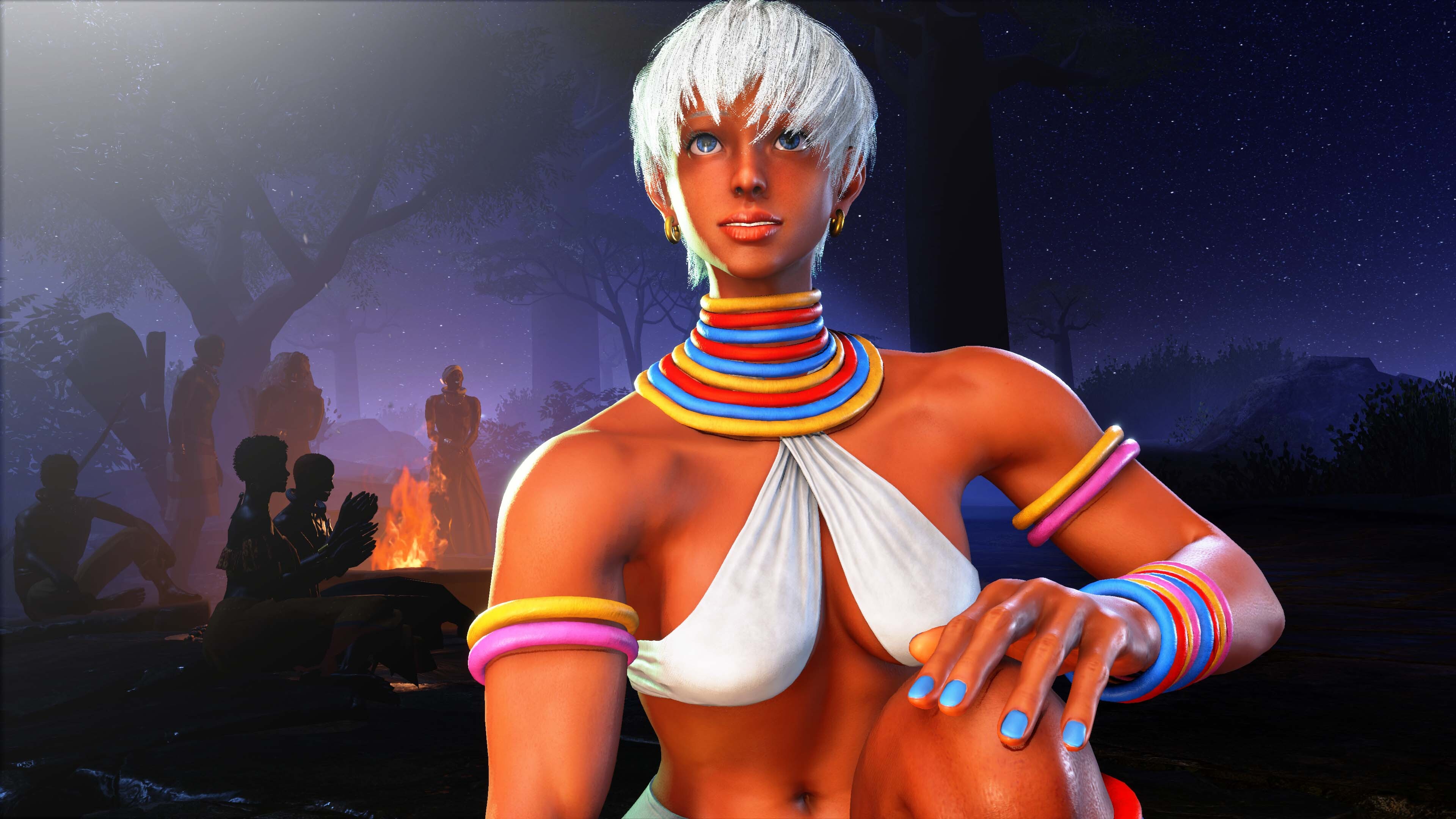 Elena, do Street Fighter 6, pronto para lutar com seu palco em segundo plano.