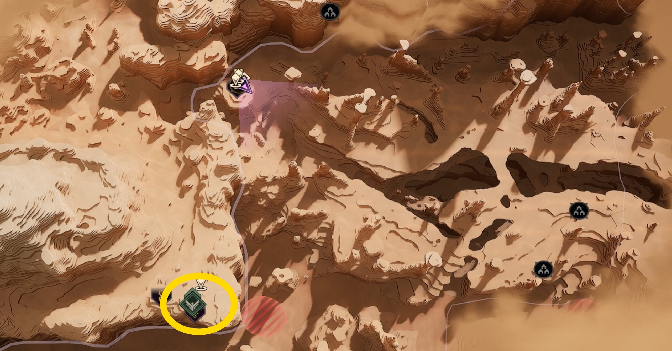 Uma imagem de mapa mostrando onde encontrar o treinador de benefício em Dune Awakening Uma imagem de mapa mostrando onde encontrar o treinador de benefício em Dune Awakening