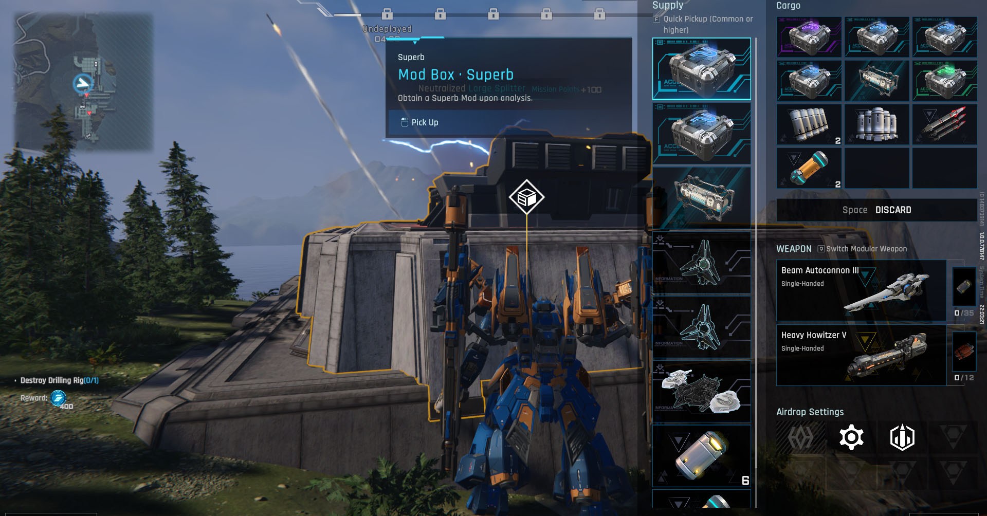 Uma captura de tela de mecha break mostrando itens mecha de pilhagem de um canhão destruído. 