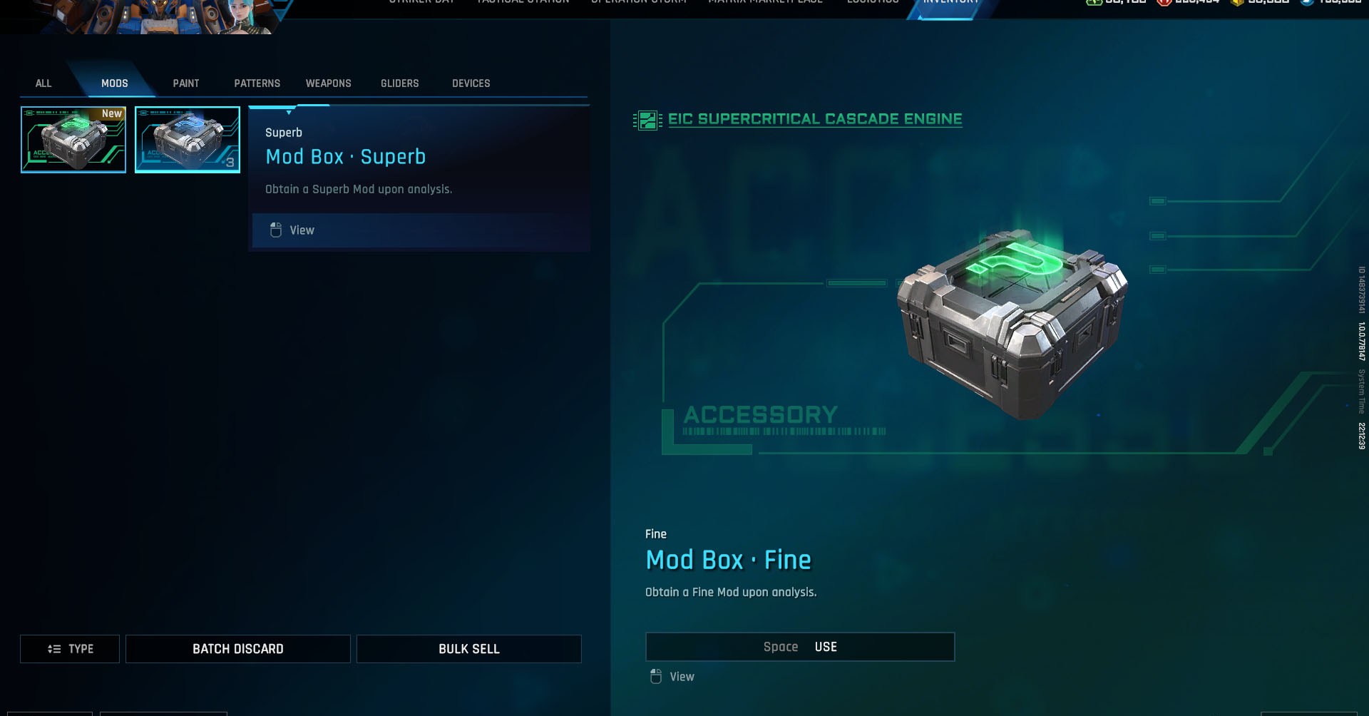 Uma captura de tela do Mecha Break mostrando uma caixa de mod, caixas que contêm um mod aleatório.