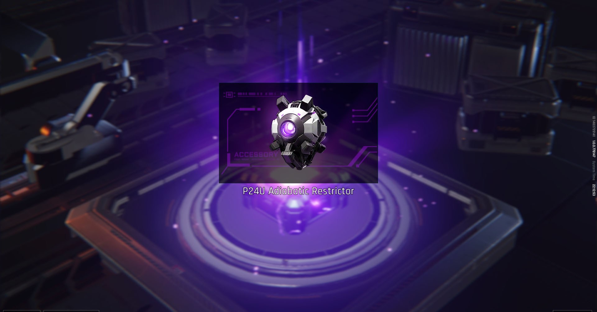 Uma captura de tela do mecha de quebra mostrando um mod, um objeto oval com luz roxa.