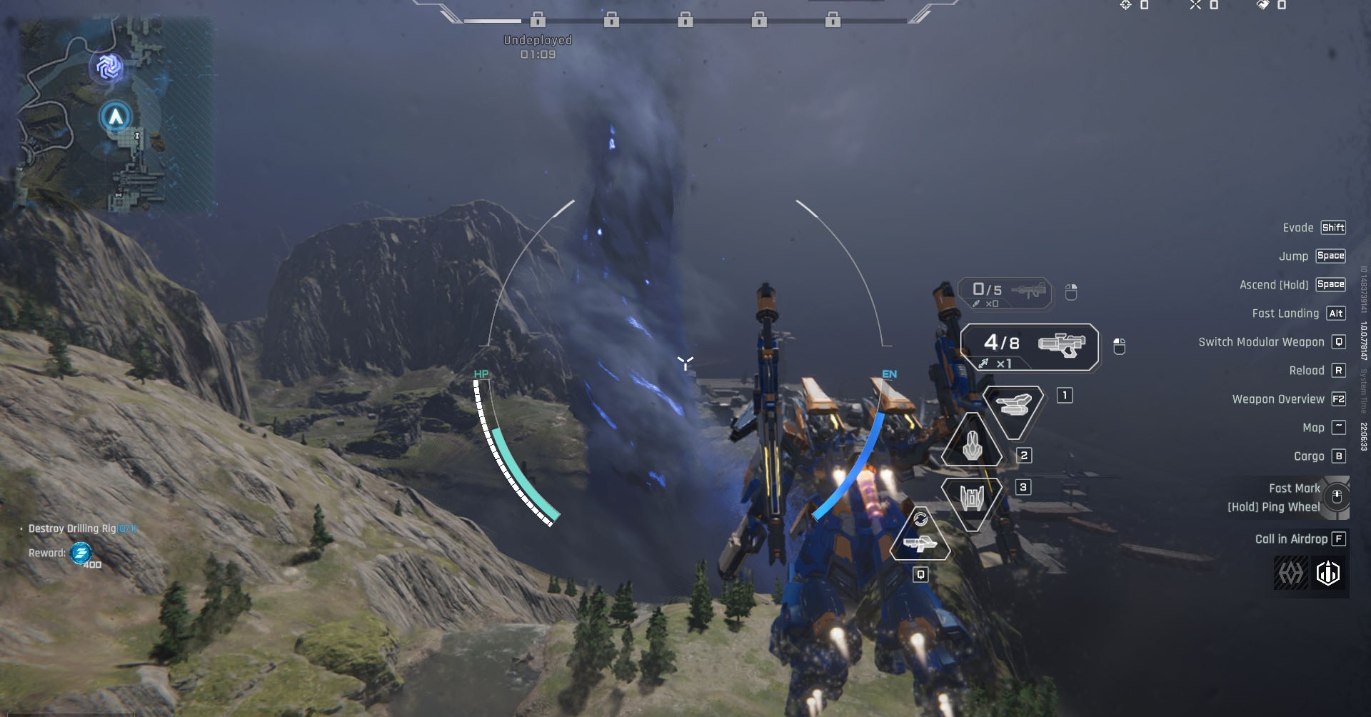 Uma captura de tela de mecha break mostrando um mecha pairando ao lado da área atingida por uma tempestade. Uma captura de tela de mecha break mostrando um mecha pairando ao lado da área atingida por uma tempestade.