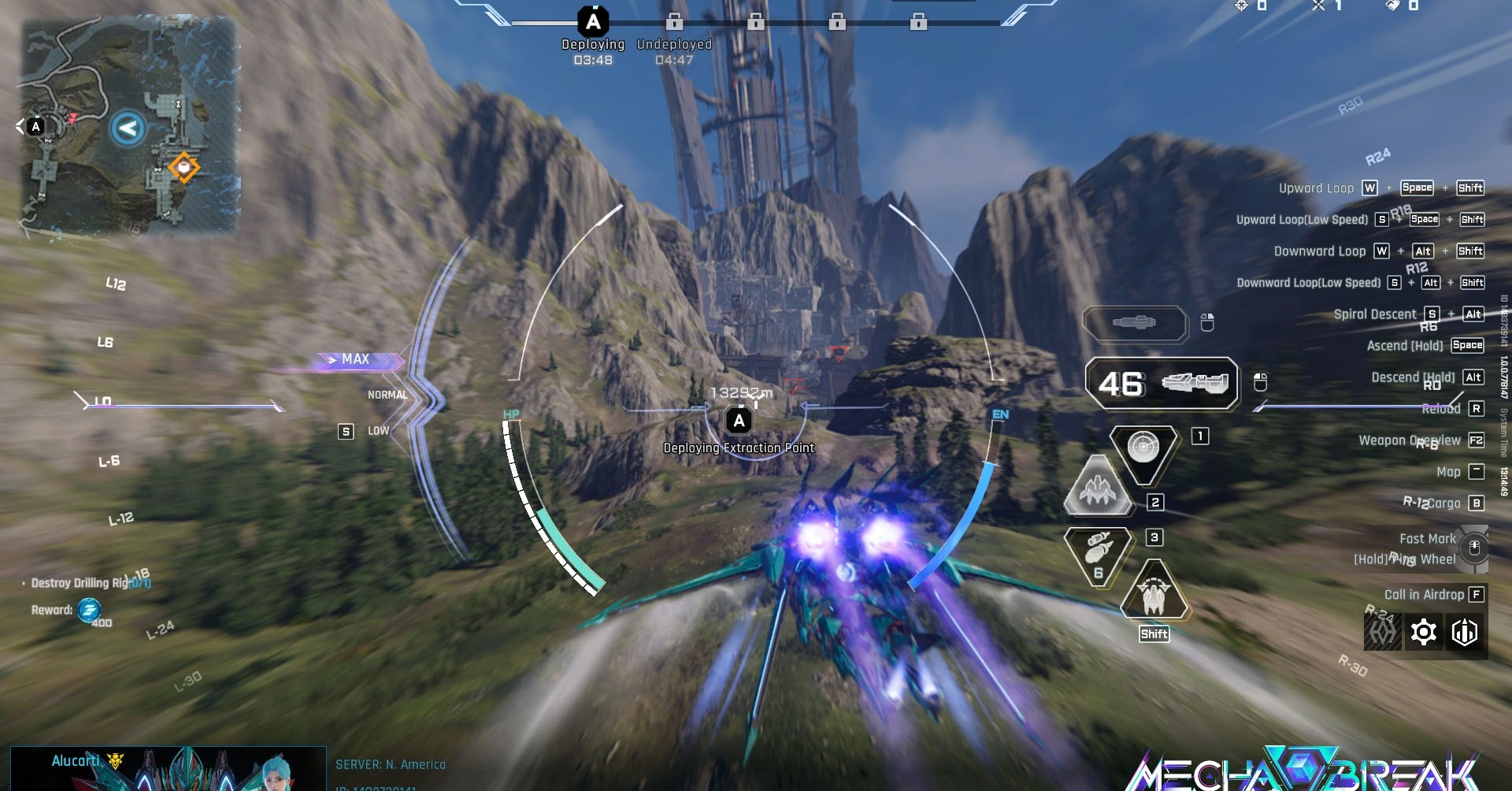 Uma captura de tela de mecha break mostrando a interface do usuário e um mecha de jato voando. Uma captura de tela de mecha break mostrando a interface do usuário e um mecha de jato voando.