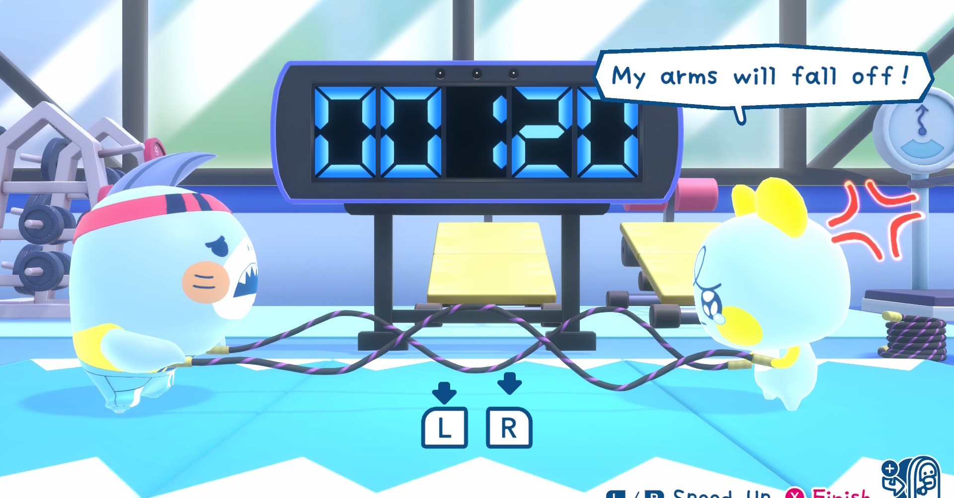 Um minigame de treinamento de força em Tamagotchi Plaza Um minigame de treinamento de força em Tamagotchi Plaza