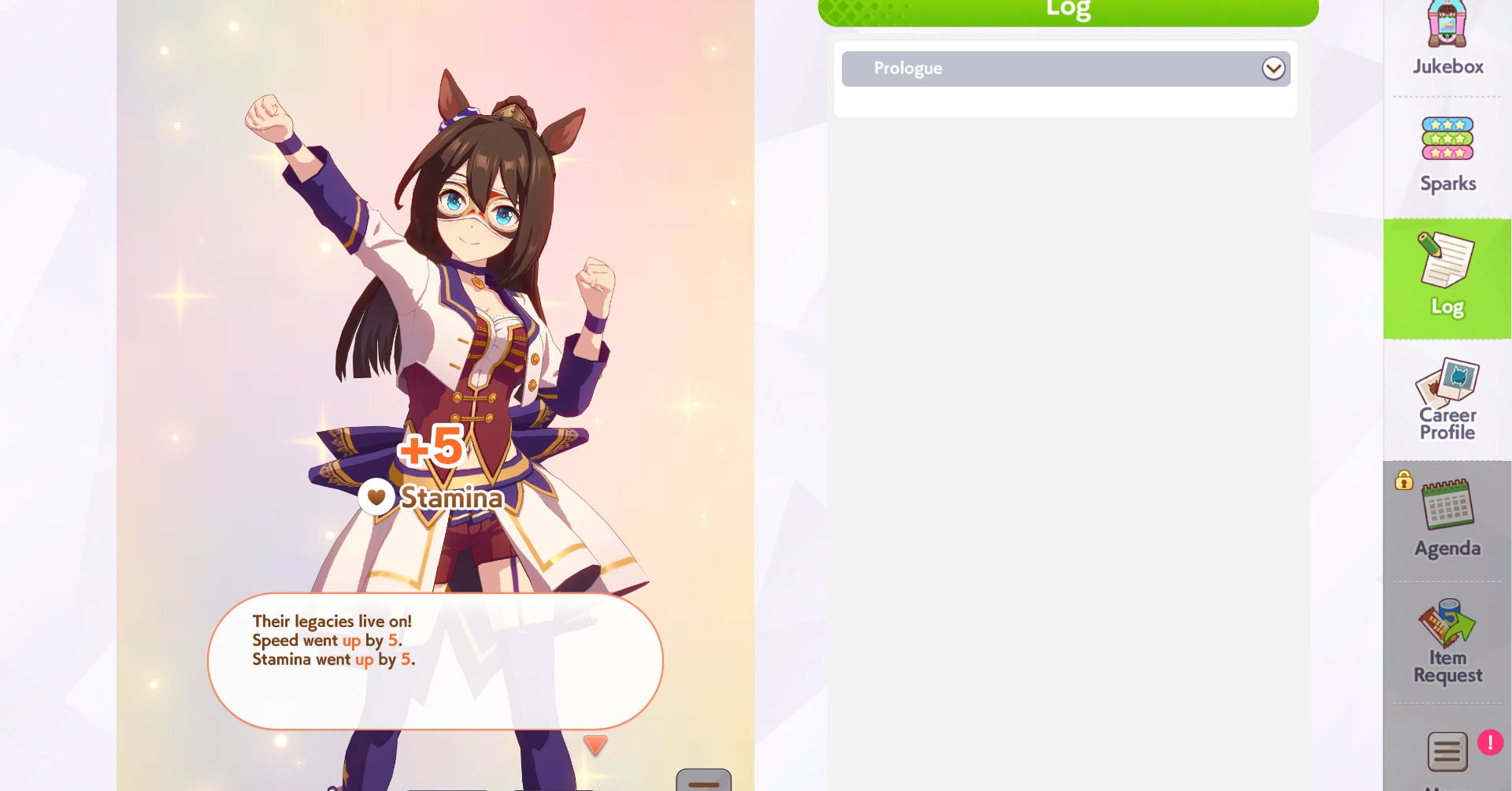Uma captura de tela do UMAMUSUME DERBY mostrando um personagem que recebe bônus de estatísticas de legados.