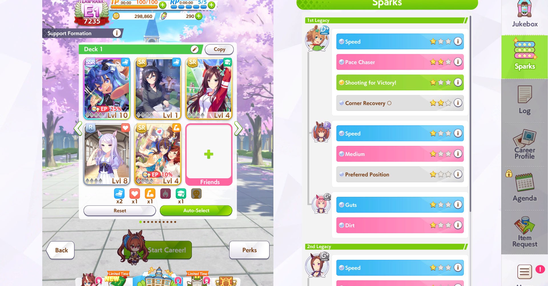 Uma captura de tela do UMAMUSUME Derby mostrando um baralho de cartões de suporte.