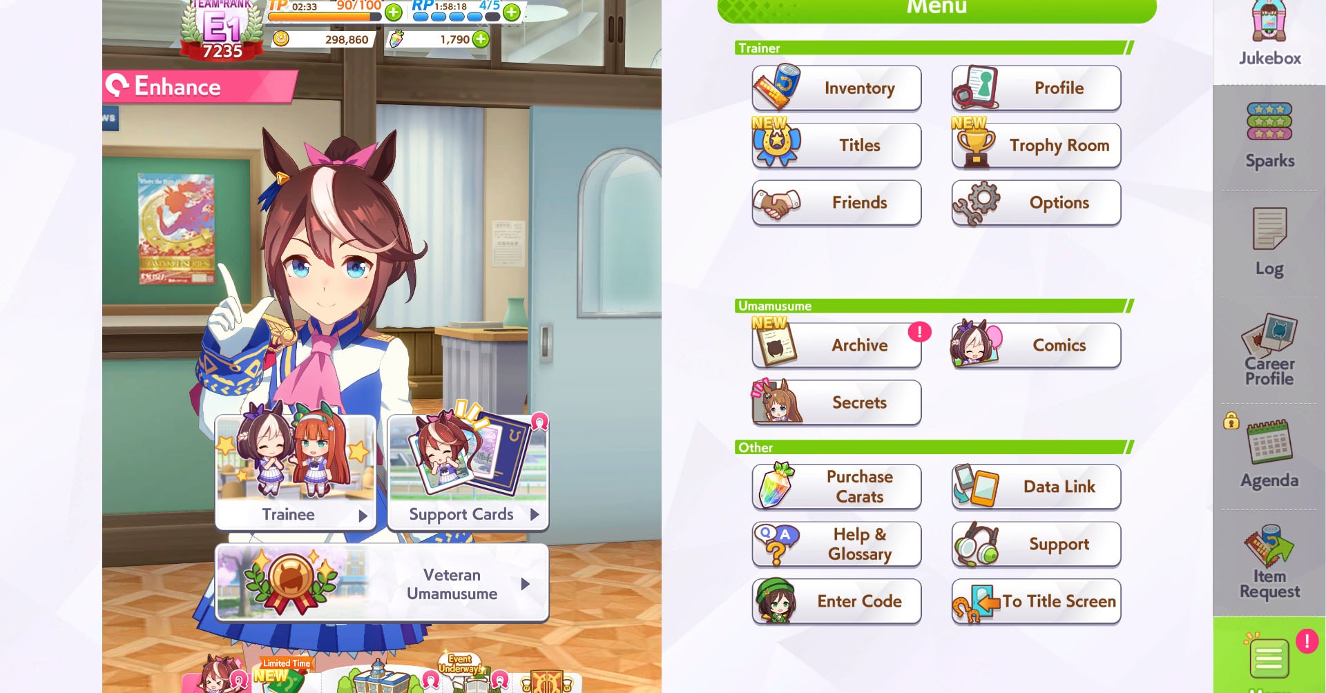Uma captura de tela de umamusume: Pretty Derby mostrando um personagem e o menu aprimorado, onde você pode ver todos os personagens e cartões de suporte que possui. Uma captura de tela de umamusume: Pretty Derby mostrando um personagem e o menu aprimorado, onde você pode ver todos os personagens e cartões de suporte que possui.