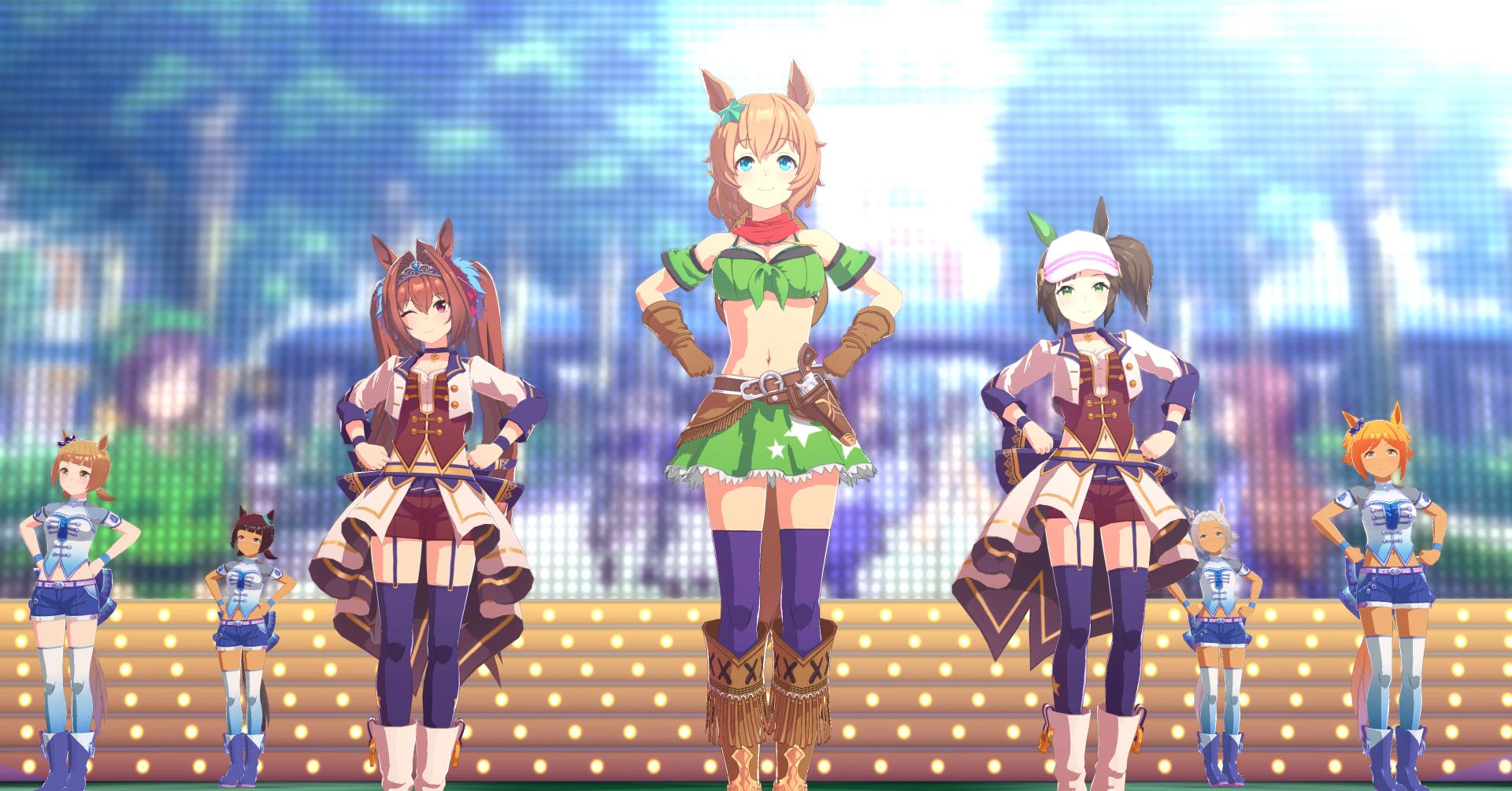 Um Umamusume: Captura de tela bonita Derby mostrando o concerto depois de uma corrida com o Shuttle Taiki no centro. Um Umamusume: Captura de tela bonita Derby mostrando o concerto depois de uma corrida com o Shuttle Taiki no centro.