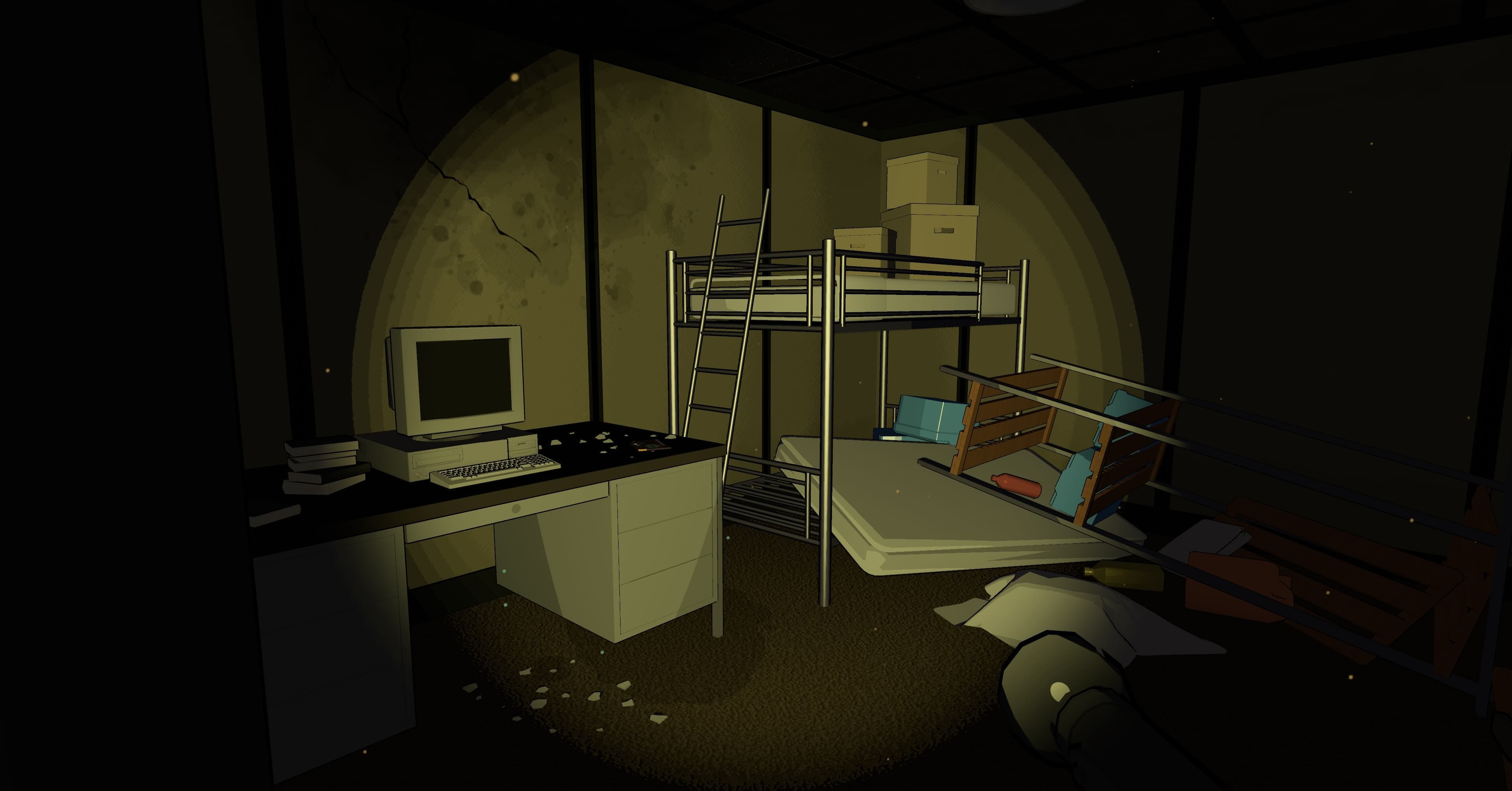 Missile Command Delta Player brilha uma lanterna em uma sala escura com móveis corporativos da era da Guerra Fria Missile Command Delta Player brilha uma lanterna em uma sala escura com móveis corporativos da era da Guerra Fria