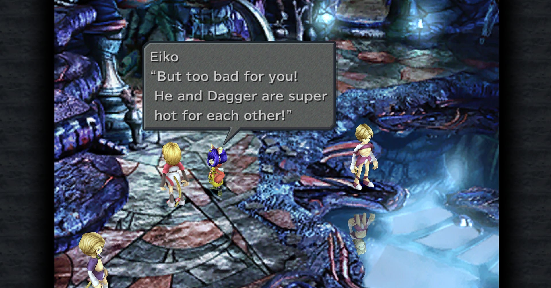 Uma captura de tela Final Fantasy 9 mostra Eiko conversando com outros personagens sobre Zidane e Garnet
