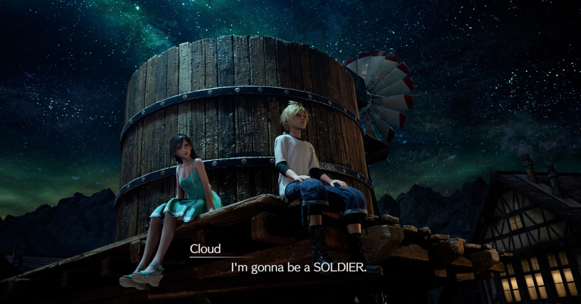 Uma captura de tela de remake de Final Fantasy 7 mostrando nuvem e tifa quando eram crianças conversando enquanto sentavam na torre de água.