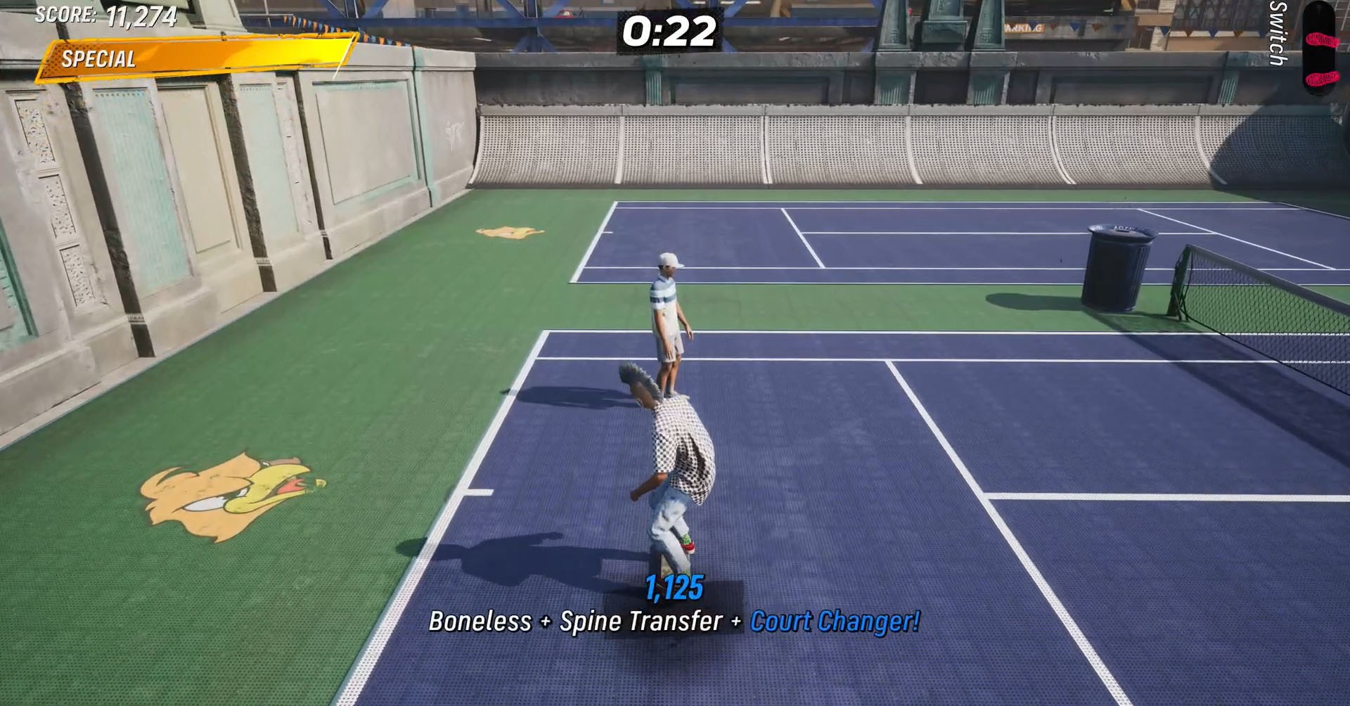A captura de tela do Skater 4 de Tony Hawk mostrando a parte final do combo que você precisa executar para concluir a missão “Transferência de Spinha desossada entre os tribunais”. A captura de tela do Skater 4 de Tony Hawk mostrando a parte final do combo que você precisa executar para concluir a missão “Transferência de Spinha desossada entre os tribunais”.