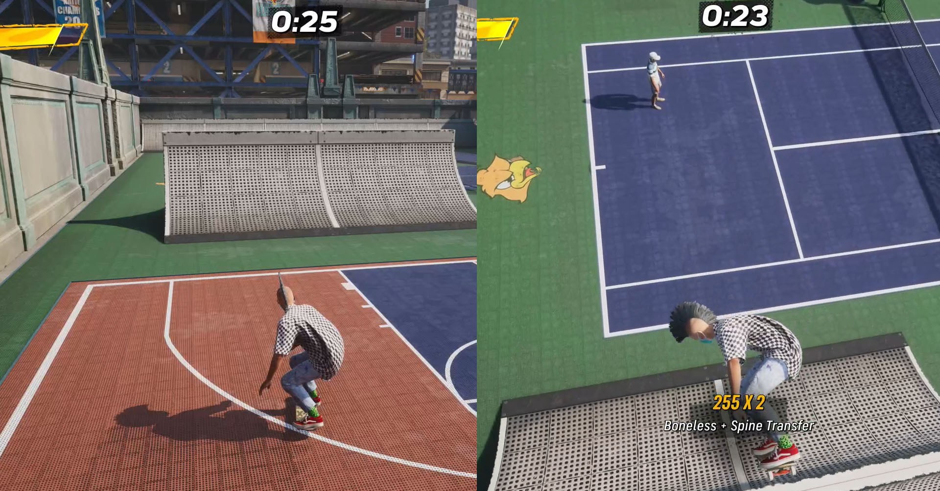 Uma montagem de duas capturas de tela do Skater 4 de Tony Hawk mostrando a execução antes e durante a execução de uma transferência de coluna de desossação e desossação. Uma montagem de duas capturas de tela do Skater 4 de Tony Hawk mostrando a execução antes e durante a execução de uma transferência de coluna de desossação e desossação.