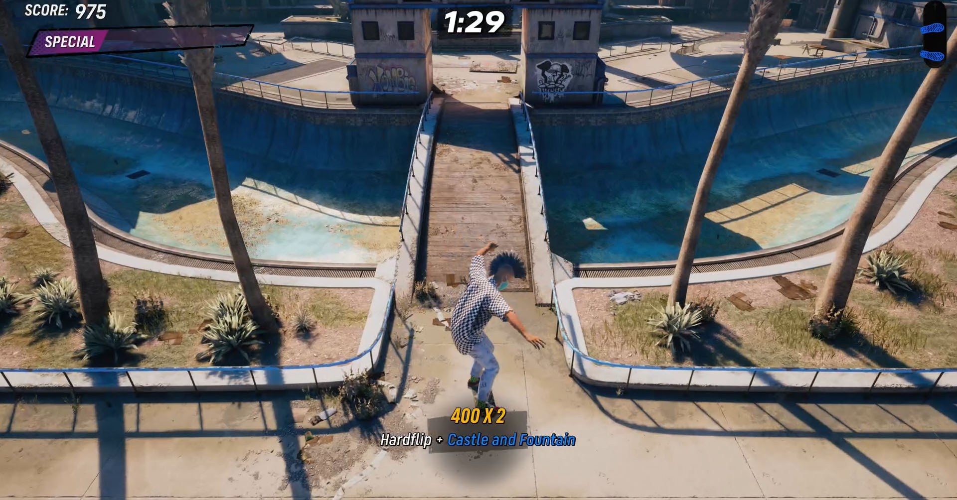 A captura de tela do Skater 4 de Tony Hawk mostrando um personagem que atinge uma combinação de Hardflip+Castle e Fountain.