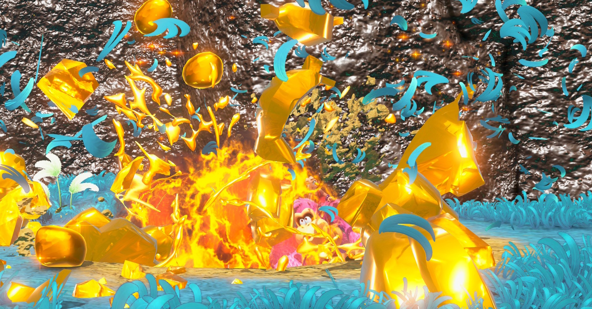 DK em Donkey Kong Bananza na base de uma erupção de ouro DK em Donkey Kong Bananza na base de uma erupção de ouro