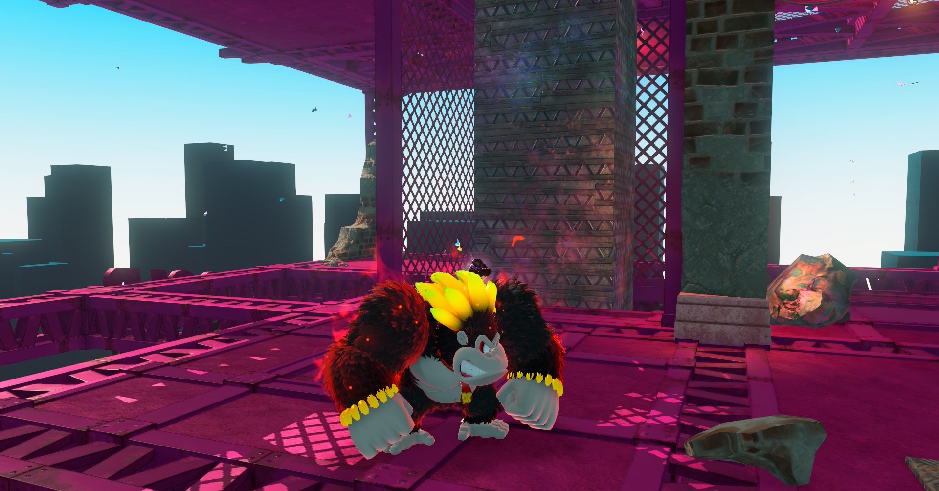 Kong Bananza DK em Donkey Kong Bananza de pé ao lado de um pilar de concreto no City Smash Challenge