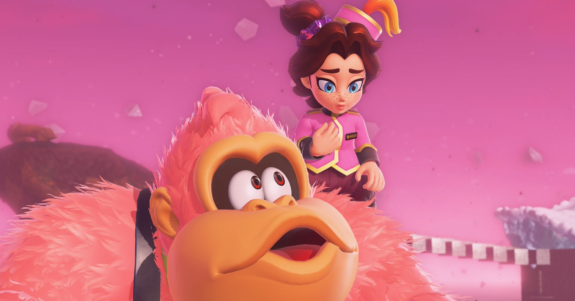 Uma captura de tela de Bananza de Donkey Kong mostrando DK olhando para Pauline sobre isso, deveria quem parece um pouco perdido em seus pensamentos. Uma captura de tela de Bananza de Donkey Kong mostrando DK olhando para Pauline sobre isso, deveria quem parece um pouco perdido em seus pensamentos.