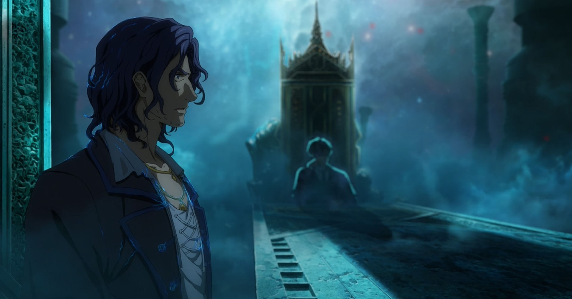 Uma cena do Senhor dos Mistérios, onde dois personagens falam, ambos sentados à mesma mesa longa. Um é um homem com cabelos azuis curtos, enquanto o outro está escondido nas sombras. 