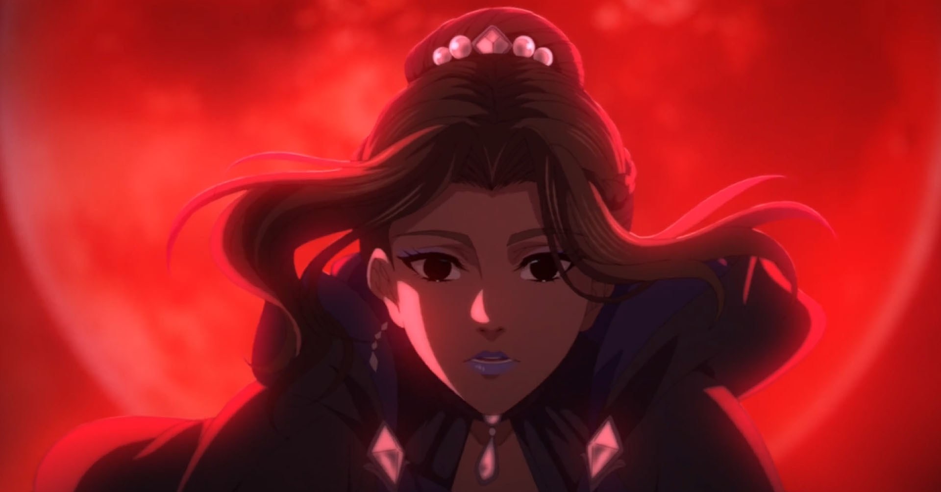 Uma cena do Senhor dos Mistérios mostrando uma mulher em frente à grande lua vermelha.