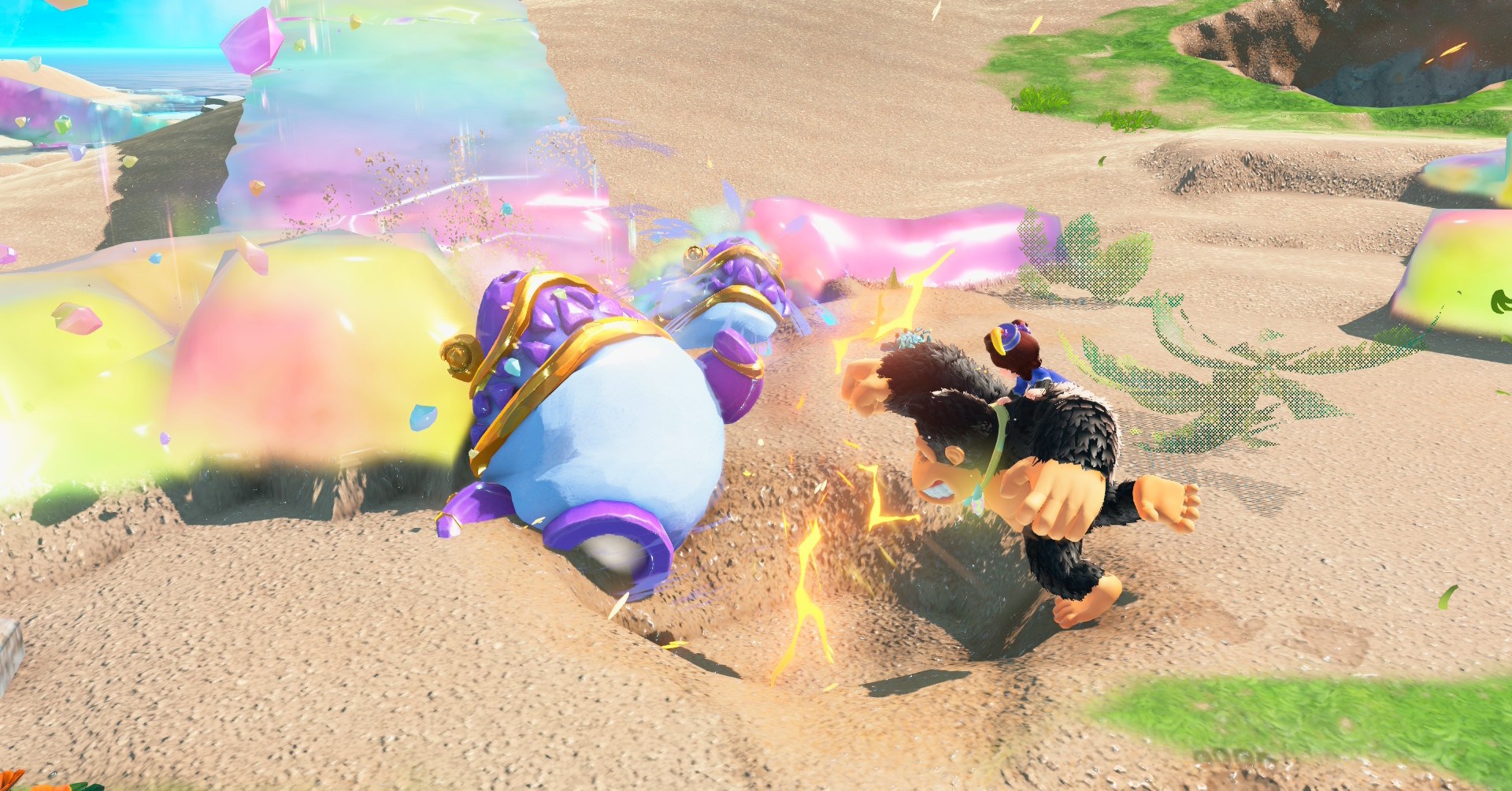 DK socando um tubarão arco -íris em Donkey Kong Bananza