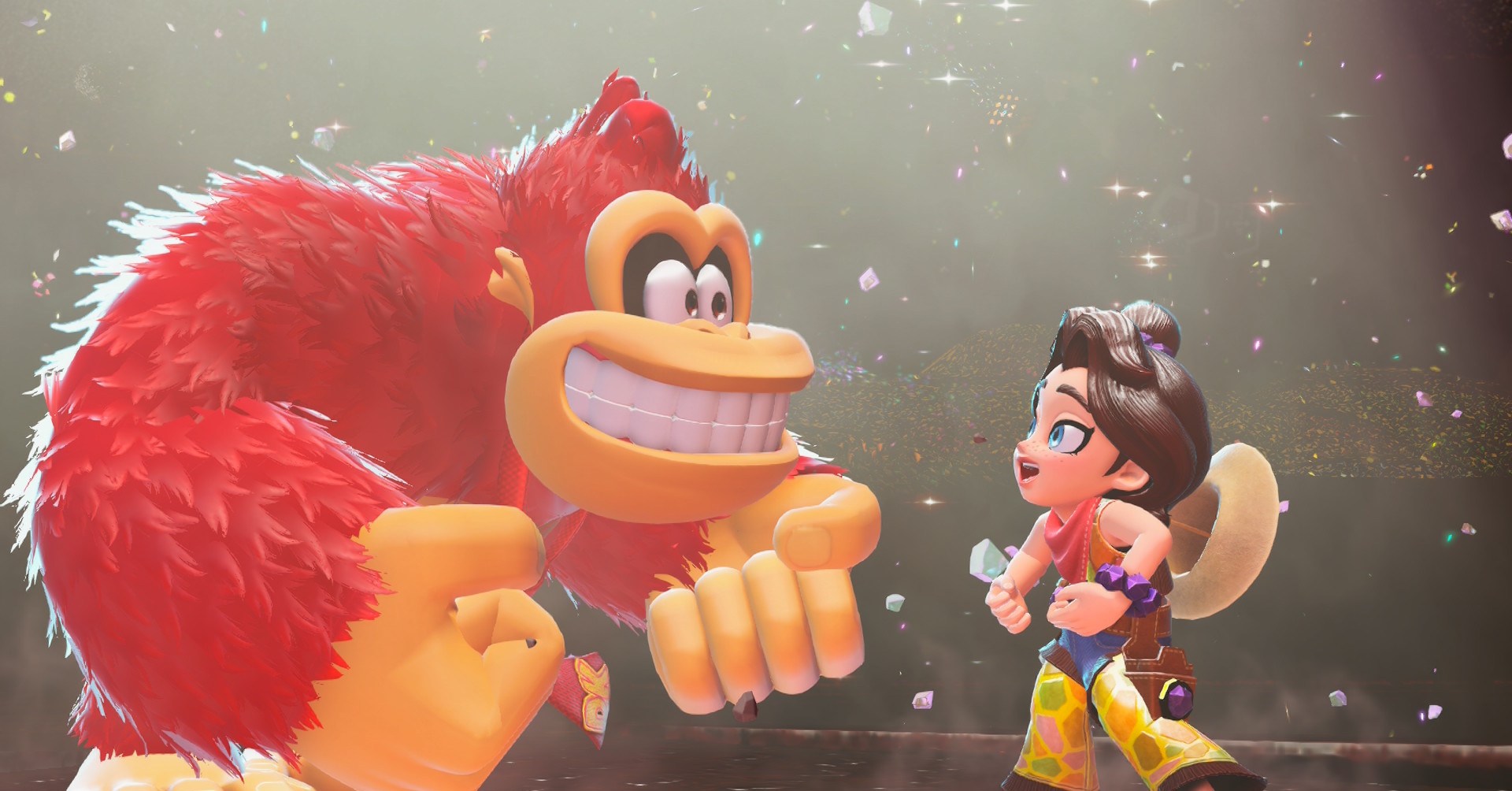 DK e Pauline dançando uma dança de gorila em Donkey Kong Bananza