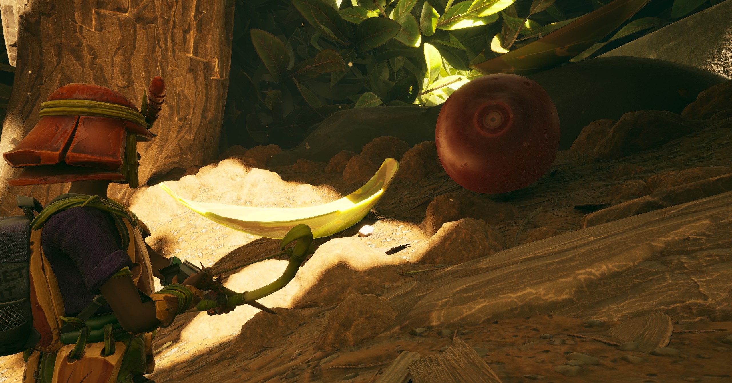 Willow in Grounded 2, apontando um arco e flecha para um cenário Willow in Grounded 2, apontando um arco e flecha para um cenário