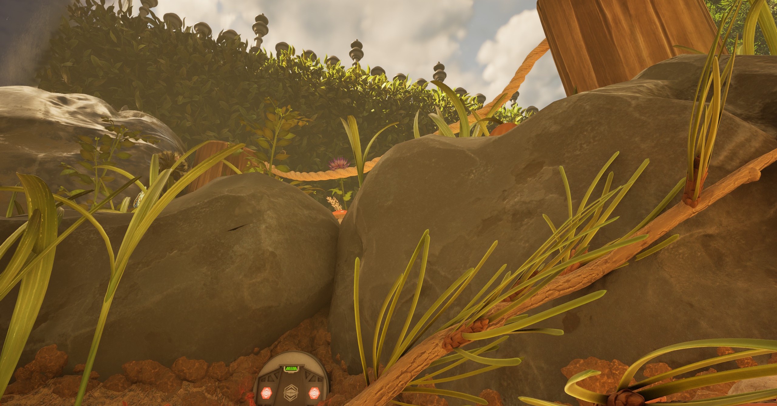 Uma vista da hedge em Grounded 2, atrás da mesa de piquenique Ranger Outpost Uma vista da hedge em Grounded 2, atrás da mesa de piquenique Ranger Outpost