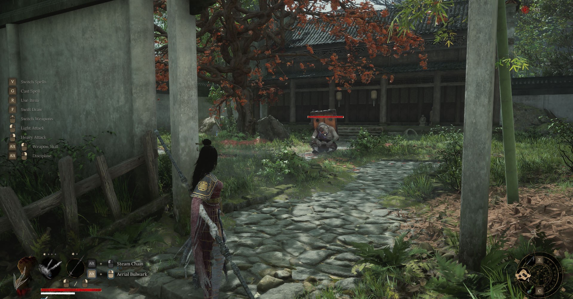 Uma captura de tela de penas caídas, mostrando o personagem principal olhando para um inimigo, que está sentado na frente de uma casa. Eles têm dois pedaços de madeira atrás deles. Uma captura de tela de penas caídas, mostrando o personagem principal olhando para um inimigo, que está sentado na frente de uma casa. Eles têm dois pedaços de madeira atrás deles.