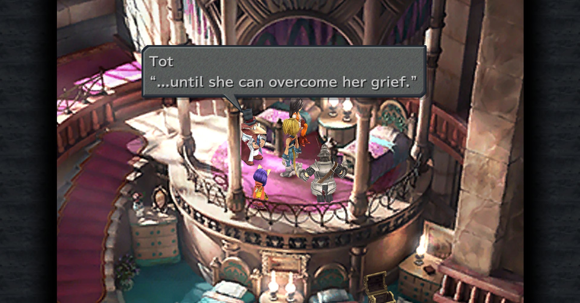 Uma captura de tela Final Fantasy 9 mostrando Zidane, Steiner, Eiko e Garnet conversando com Tot, que está explicando a eles por que a princesa perdeu a voz.