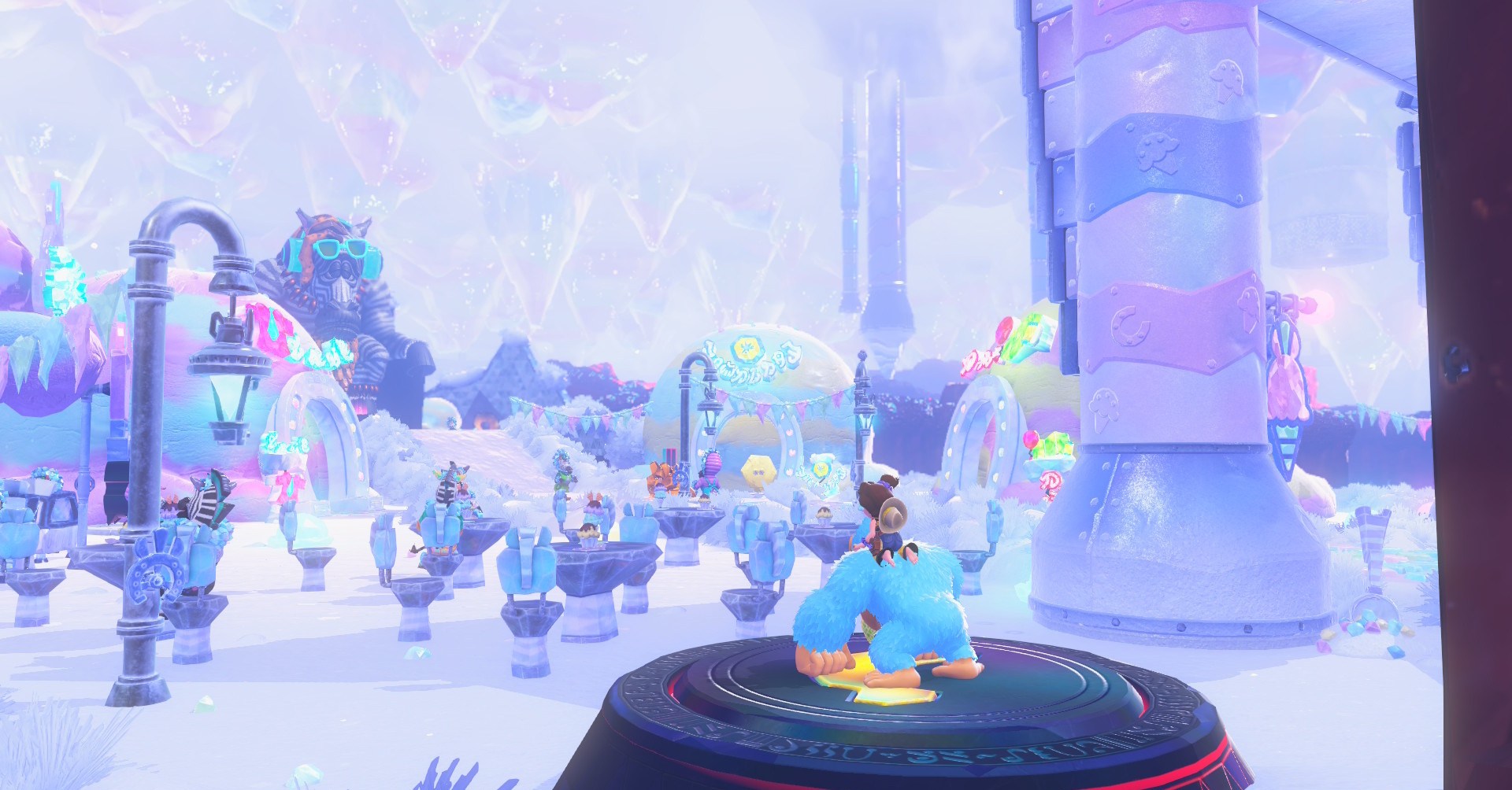 DK em Donkey Kong Bananza olhando através da camada de freezer com o ancião da zebra à distância