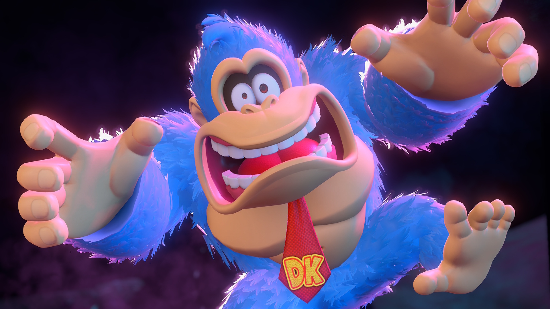 DK em Donkey Kong Bananza, parecendo assustado com olhos arregalados, boca aberta e braços espalhados