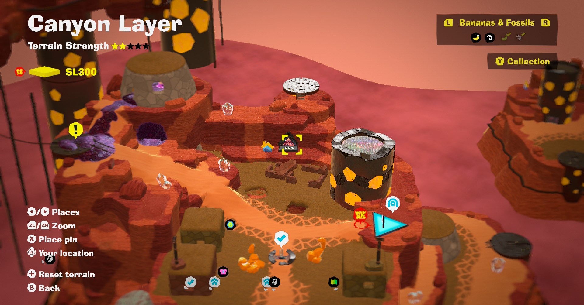 Um mapa em Bananza DK mostrando o local do Kong Bananza City Smash Challenge