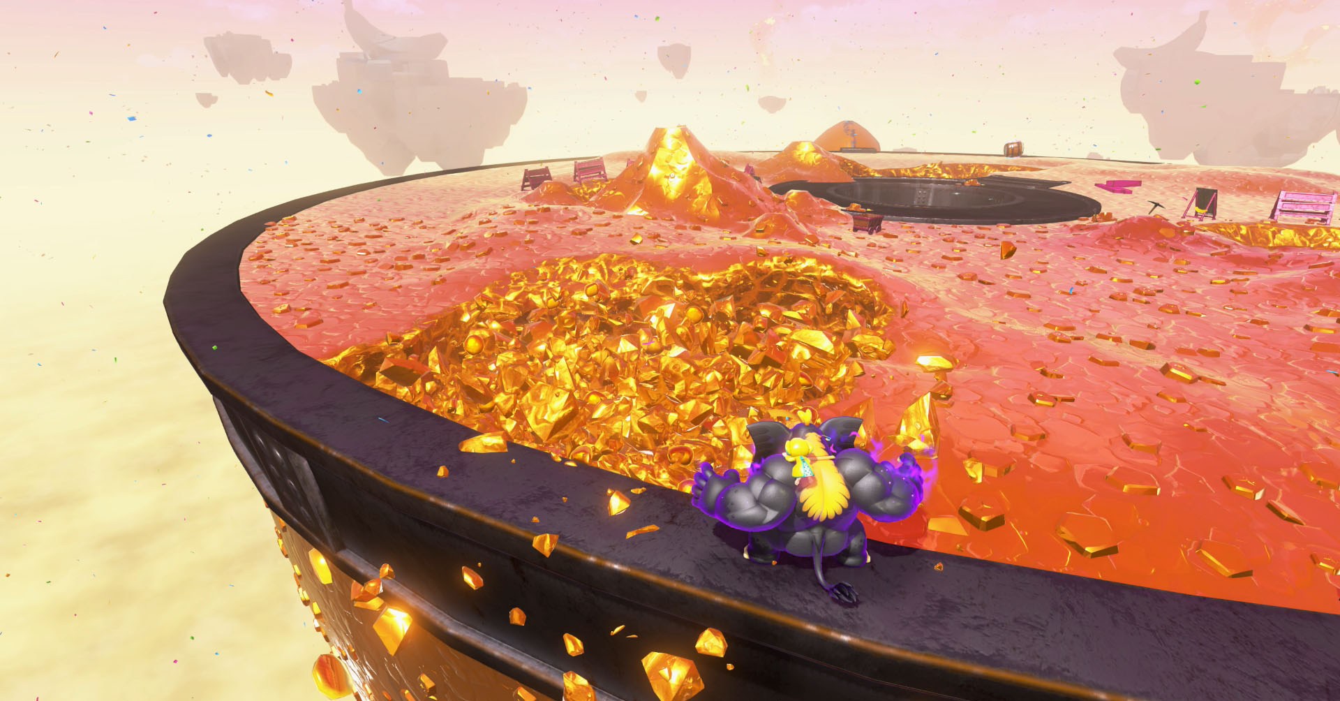 Uma captura de tela do Doneky Kong Bananza mostrando DK transformada em um elefante preto sugando ouro do topo do troféu na camada de corrida. Uma captura de tela do Doneky Kong Bananza mostrando DK transformada em um elefante preto sugando ouro do topo do troféu na camada de corrida.