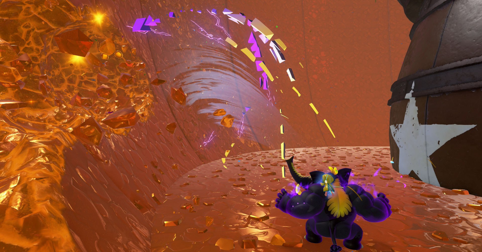 Uma captura de tela de Bananza Kong Donkey Kong mostrando DK transformada em um ouro de elefante preto chupando ouro das paredes ao seu redor. Uma captura de tela de Bananza Kong Donkey Kong mostrando DK transformada em um ouro de elefante preto chupando ouro das paredes ao seu redor.